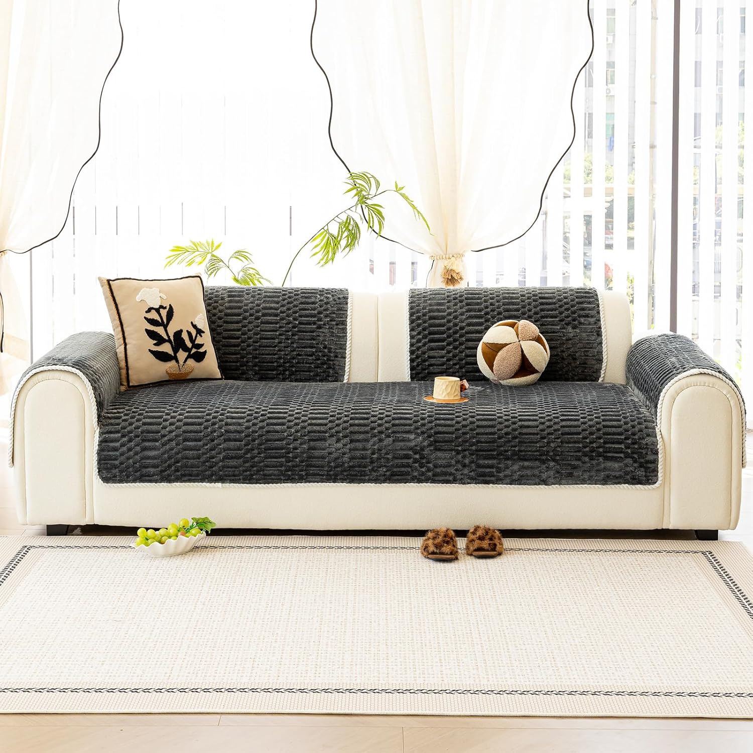 Plush Warm Sofa Covers Washable, Funny Fuzzy Couch Cover for Dogs Washable, Non-Slip Couch Covers for Sectional Sofas, Soft Sofa Slipcover for Pet & Kid(1PC, Dark Grey, 36"×94", Single Seater)