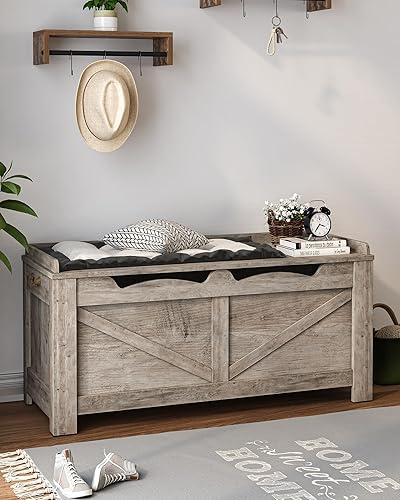 Miniatura 8 de Baúl de almacenamiento de 39.4 pulgadas, baúl de almacenamiento con 2 bisagras, caja de banco de madera organizadora para dormitorio, entrada, sala