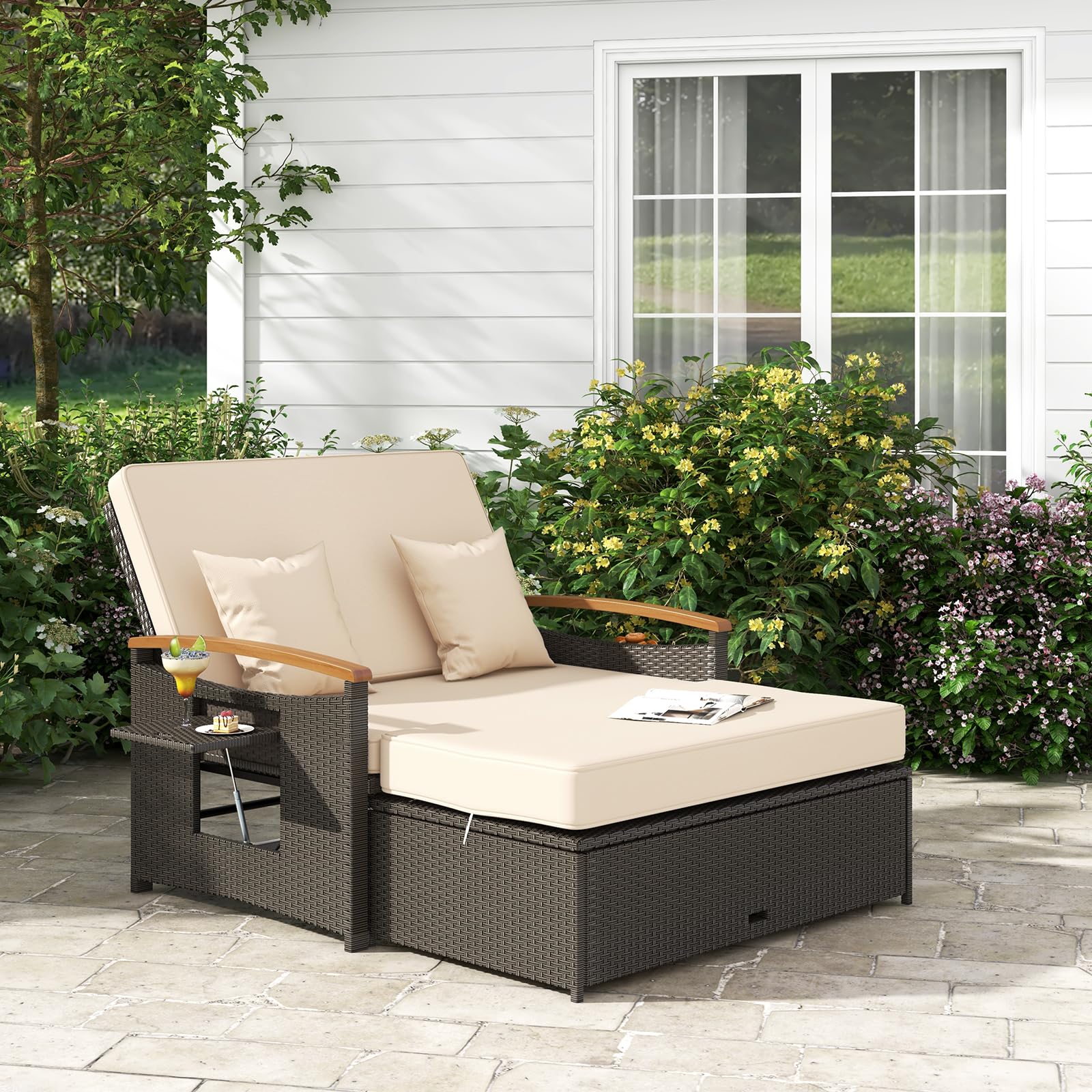 GIANTEX Divano da Giardino in Rattan a 2 Posti con Funzione Allungata, Set di Mobili in Rattan con Sgabello, Doppia Sedia a Sdraio per 2 Persone, 3 Colori (Cuscino Beige)