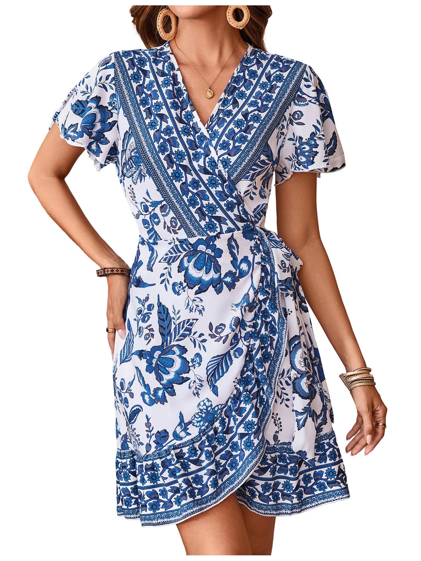 WDIRARA Women's Summer Casual Boho Floral Print Short Sleeve Wrap V Neck Ruffle Hem A Line Dress