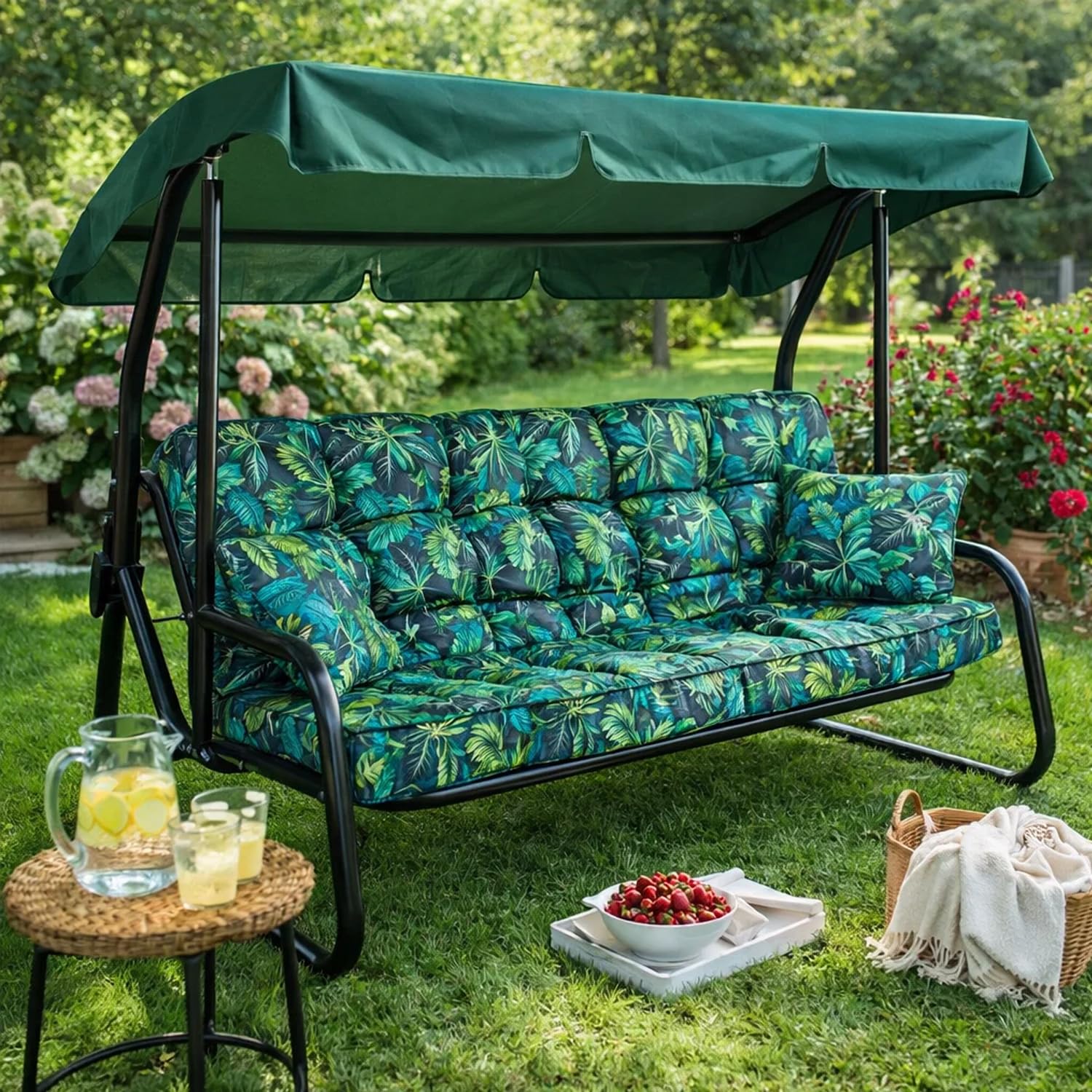 Hollywoodschaukel Auflage Pola, Sitzkissen für Gartenschaukel, 100–180 cm, mit 2 Kissen (Blaue BLÄTTER, 180 cm)