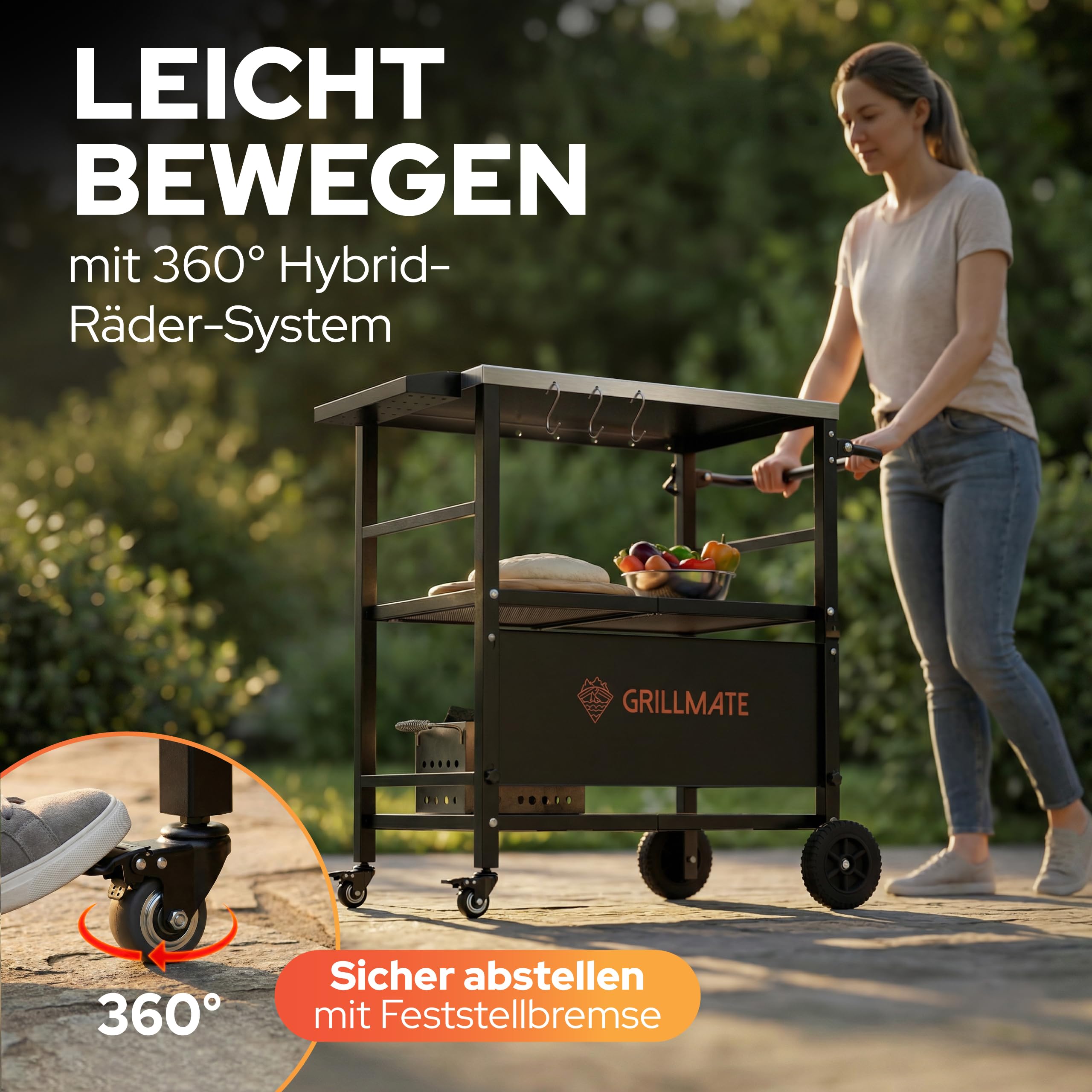 GRILLMATE Grilltisch Outdoor Wetterfest Klappbar | Grillwagen, Servierwagen, Tisch für Weber Grill, Gasgrill, Pizzaofen | Beistelltisch für Balkon Rostresistent, Portabel | JETZT NEU (Edelstahl)