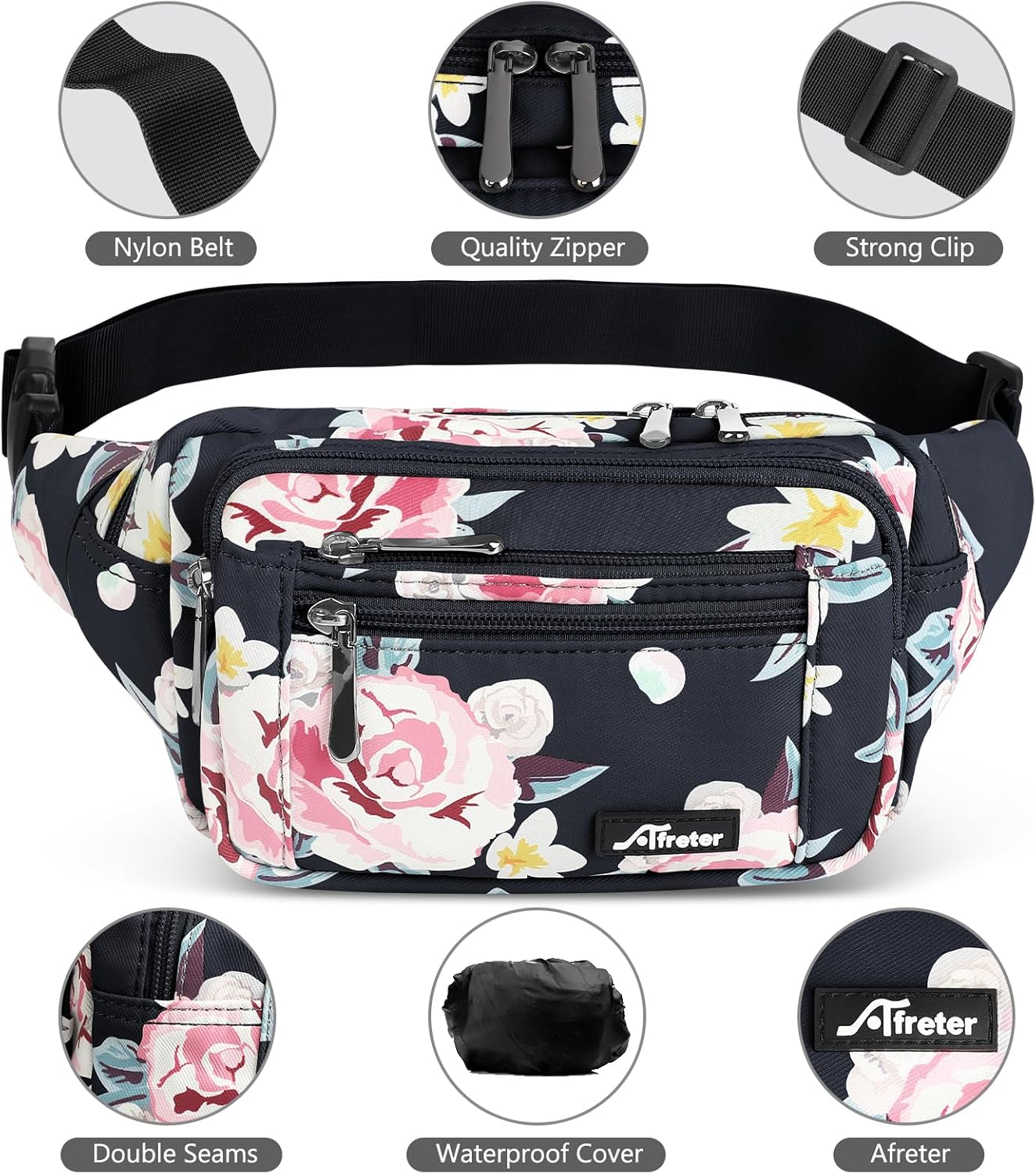 Waist Pack Bag Fanny Pack for Men&Women Hip Bum Bag with Adjustable Strap for Outdoors Workout Traveling Casual Running Hiking Cycling (New Black Flowers) - Image 4