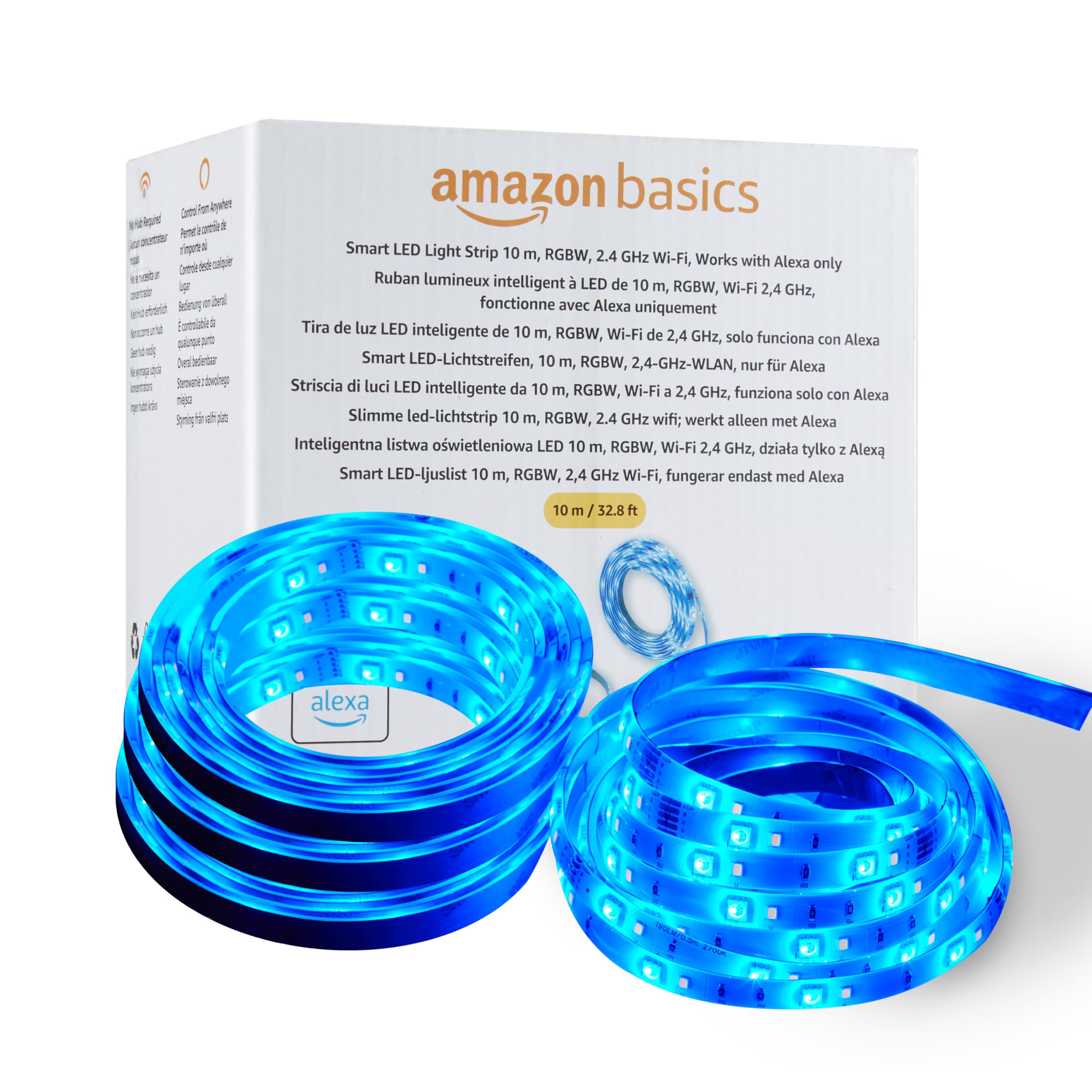 Amazon Basics Smarter LED-Lichtstreifen, 10 m, RGBW, nur für Alexa geeignet, Mehrfarbig