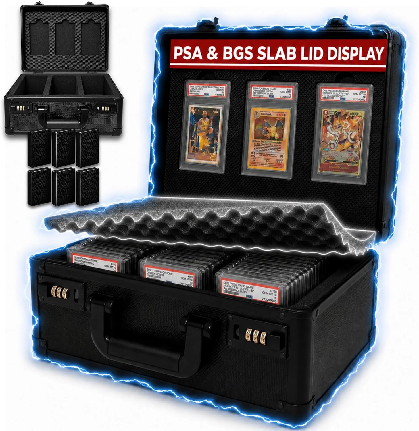 Graded Card Case – Durable PSA Slab Case with Combination Lock – 3 Row Graded Card Storage Box with 6 Foam Inserts – Compatible with PSA, GMA, HGA, NGS, SGC, CSG – Holds up to 480 Top Loaders