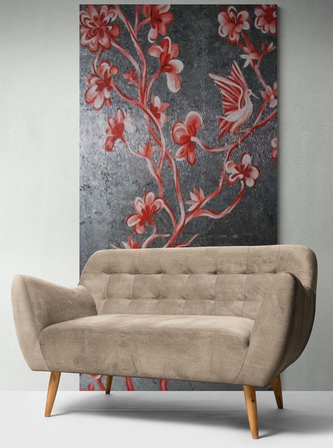 Handmade Red Blossom Bird Mosaic Wall Art – Hand-Cut Floral Bird Mosaic Tile Wall Art for Interior Wall Décor