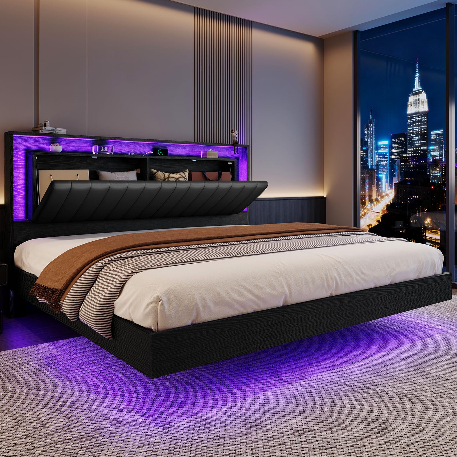 Belffin Floating Bed Frame King Size with LED Lights Charging Station Wooden Headboard with Hidden Storage and Faux