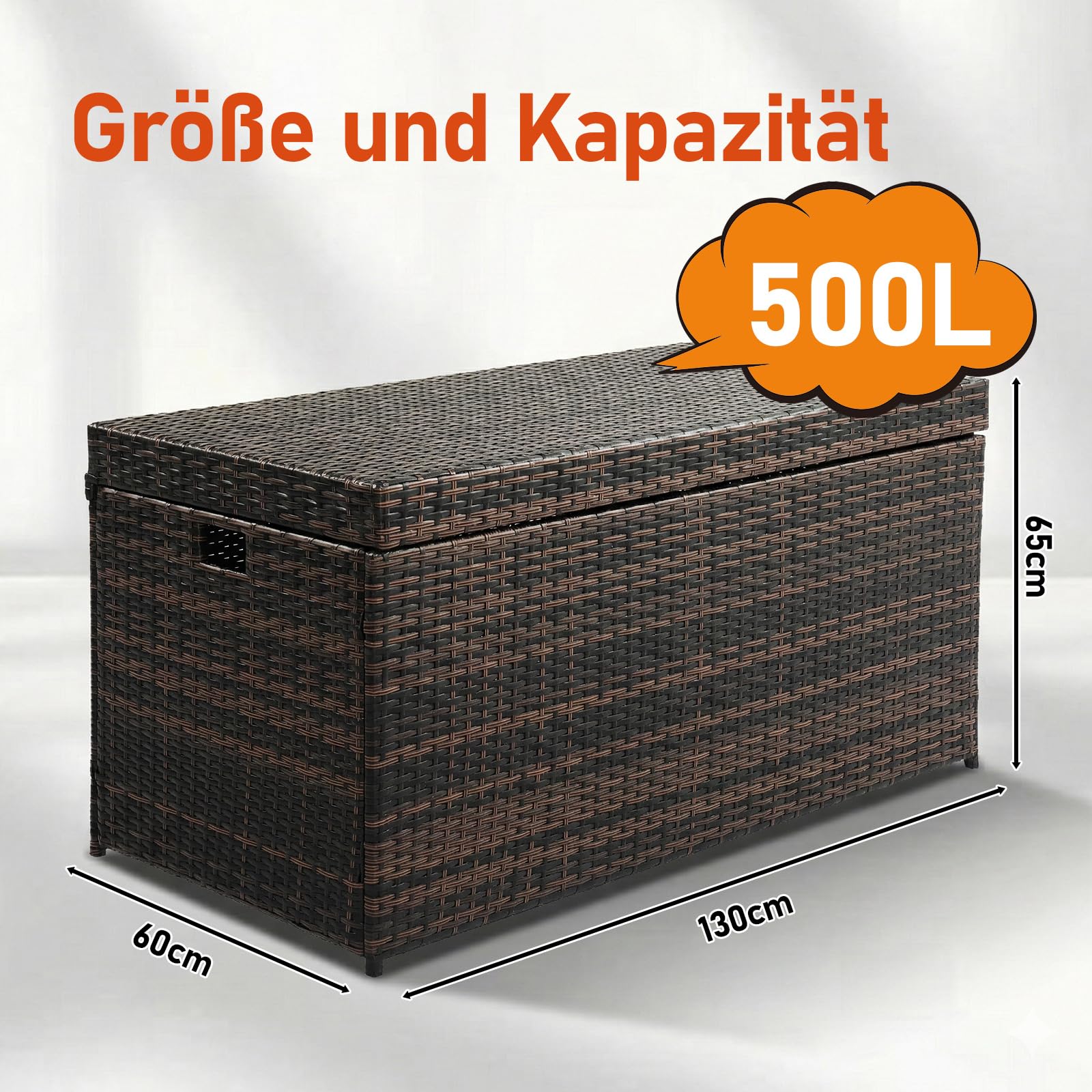LEADZM Gartenbox - Contenitore impermeabile per esterni, in polyrattan con coperchio, 500 l, impermeabile, resistente ai raggi UV, antiruggine, 130 x 60 x 65 cm, colore: marrone sfumato