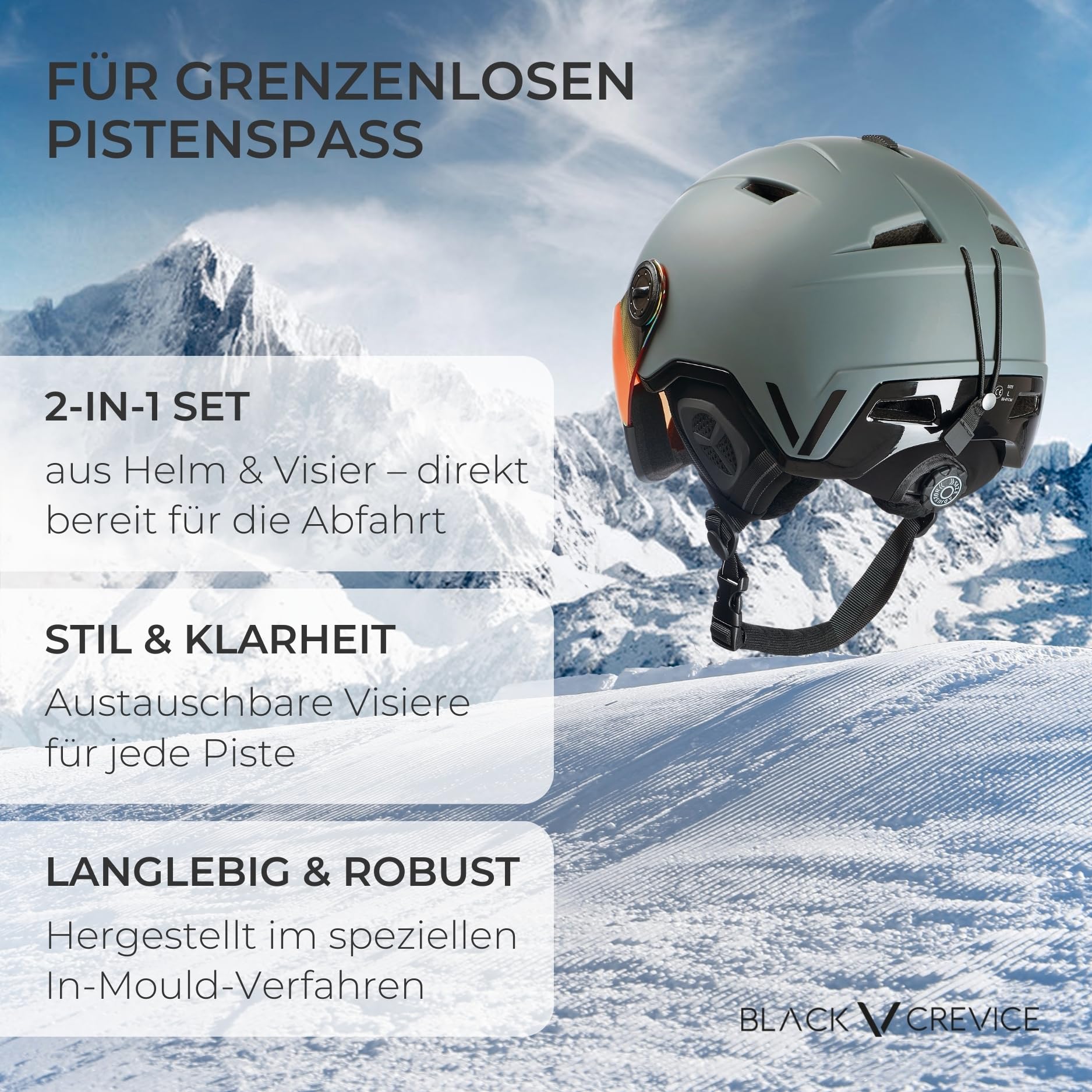 BLACK CREVICE Skihelm Vail I Skihelm mit Visier im Pilotenstyle I Skihelm Herren & Damen I Skihelm aus Polycarbonat I Atmungsaktiver Ski-Helm I Größenverstellbar