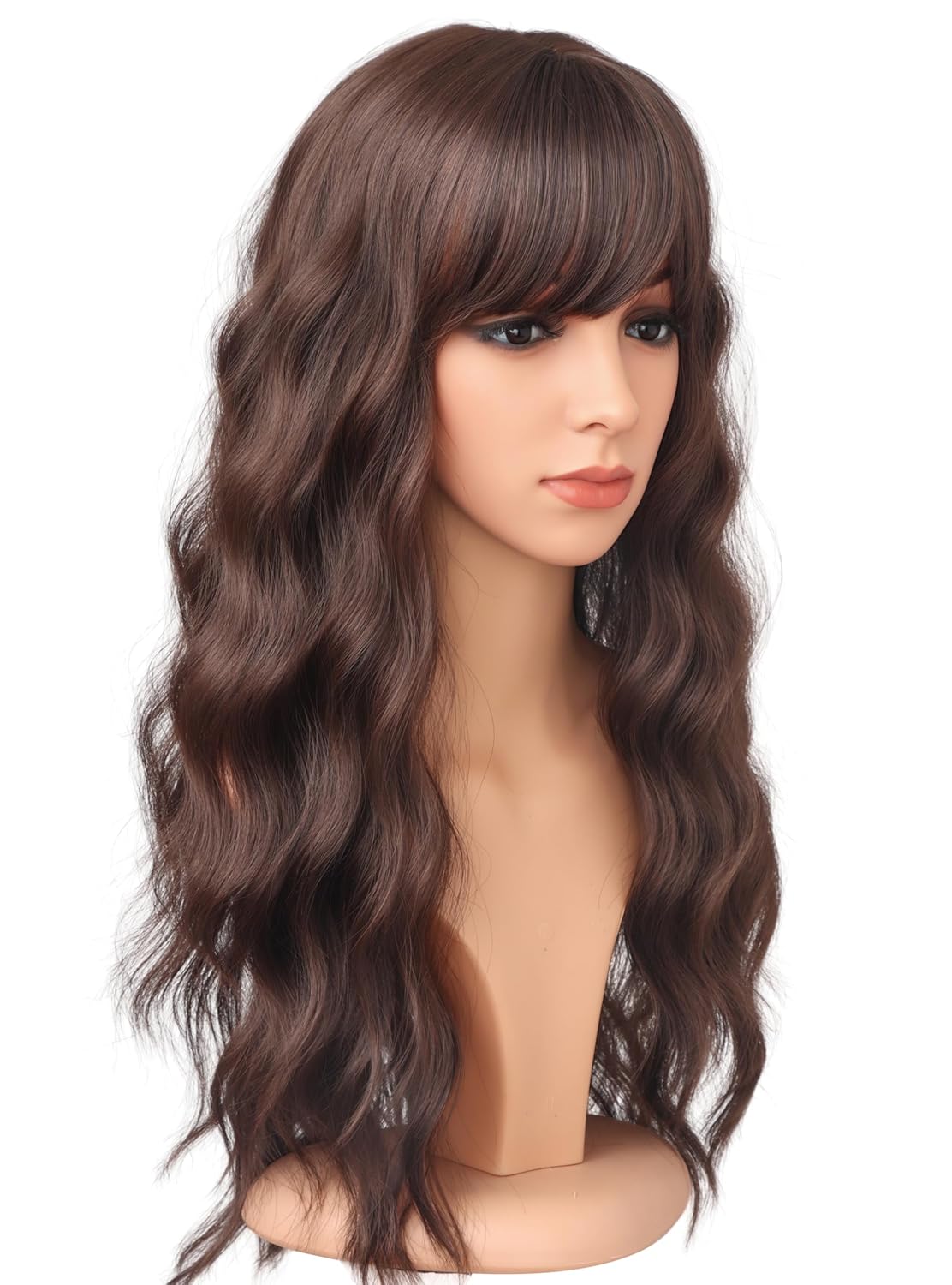 Medium Long Brown Wavy Wigs For Women Synthetic Full Hair Wigs With Bangs For Daily Use (brown)