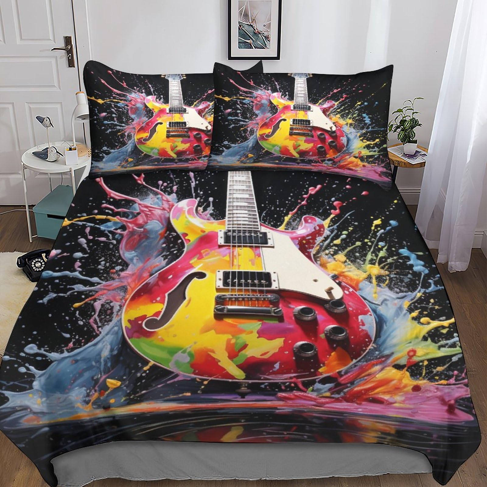 Housse De Couette Guitare Rock MIUNNG - 140x200cm - Microfibre - Fermeture éclair - Thème Musique