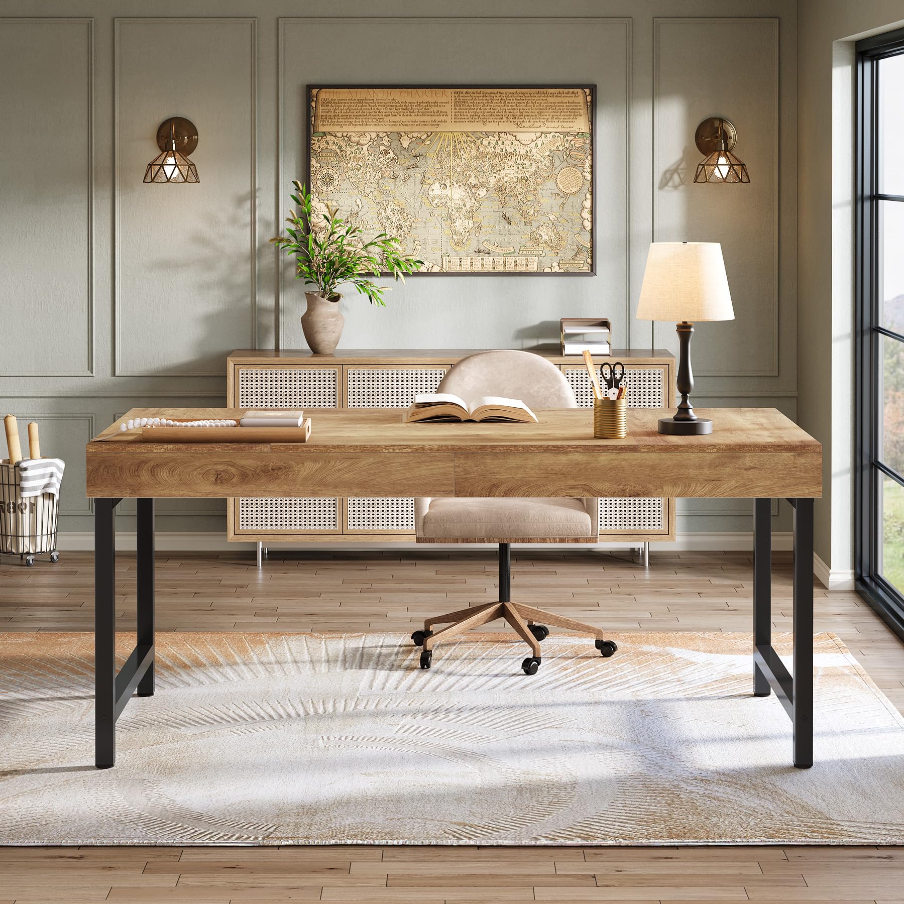 Tribesigns Escritorio de jefe industrial, mesa de ordenador para oficina en casa, mesa rústica simple para ordenador portátil con patas de metal fuertes, escritorio de trabajo, espacio de trabajo de