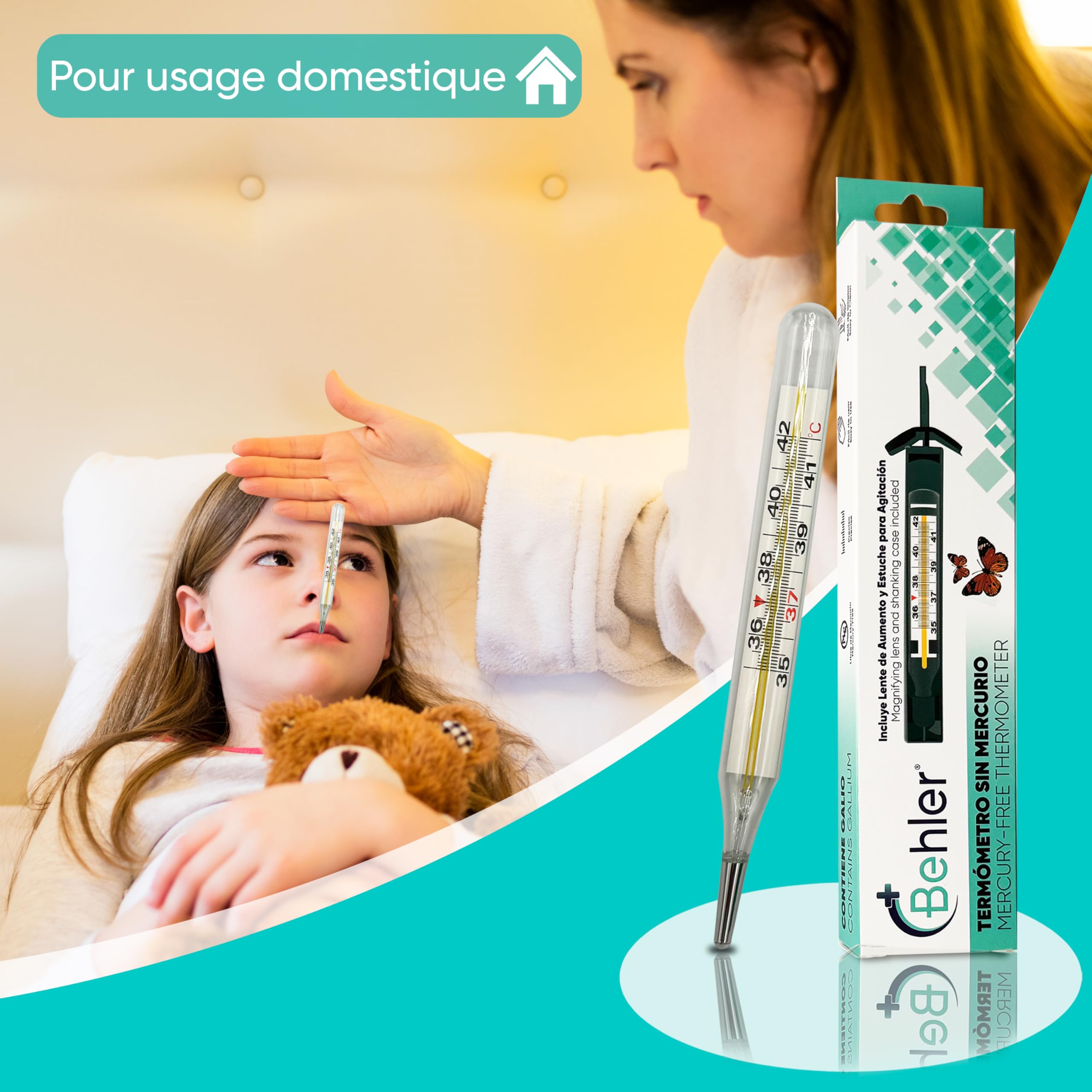 Behler - Thermomètre au Gallium - Sans Mercure, Sûr et Précis, Sans Piles - Thermometre en Verre - Pour Enfants et Adultes - Inclut Loupe et Étui d'Agitation - Usage médical et domestique