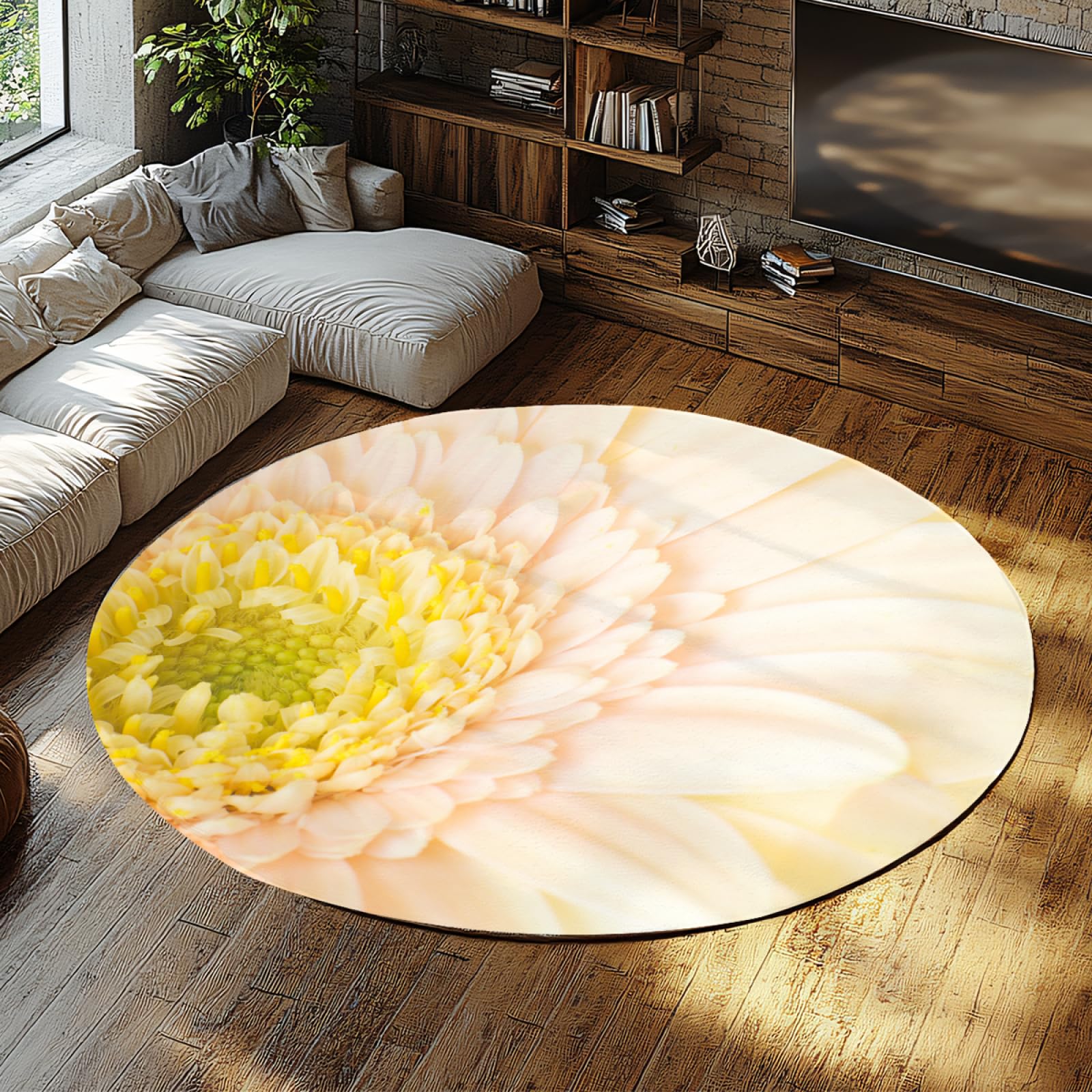 Tapis boho floral cercle jaune blanc lavable mince antidérapant grand salon 240cm
