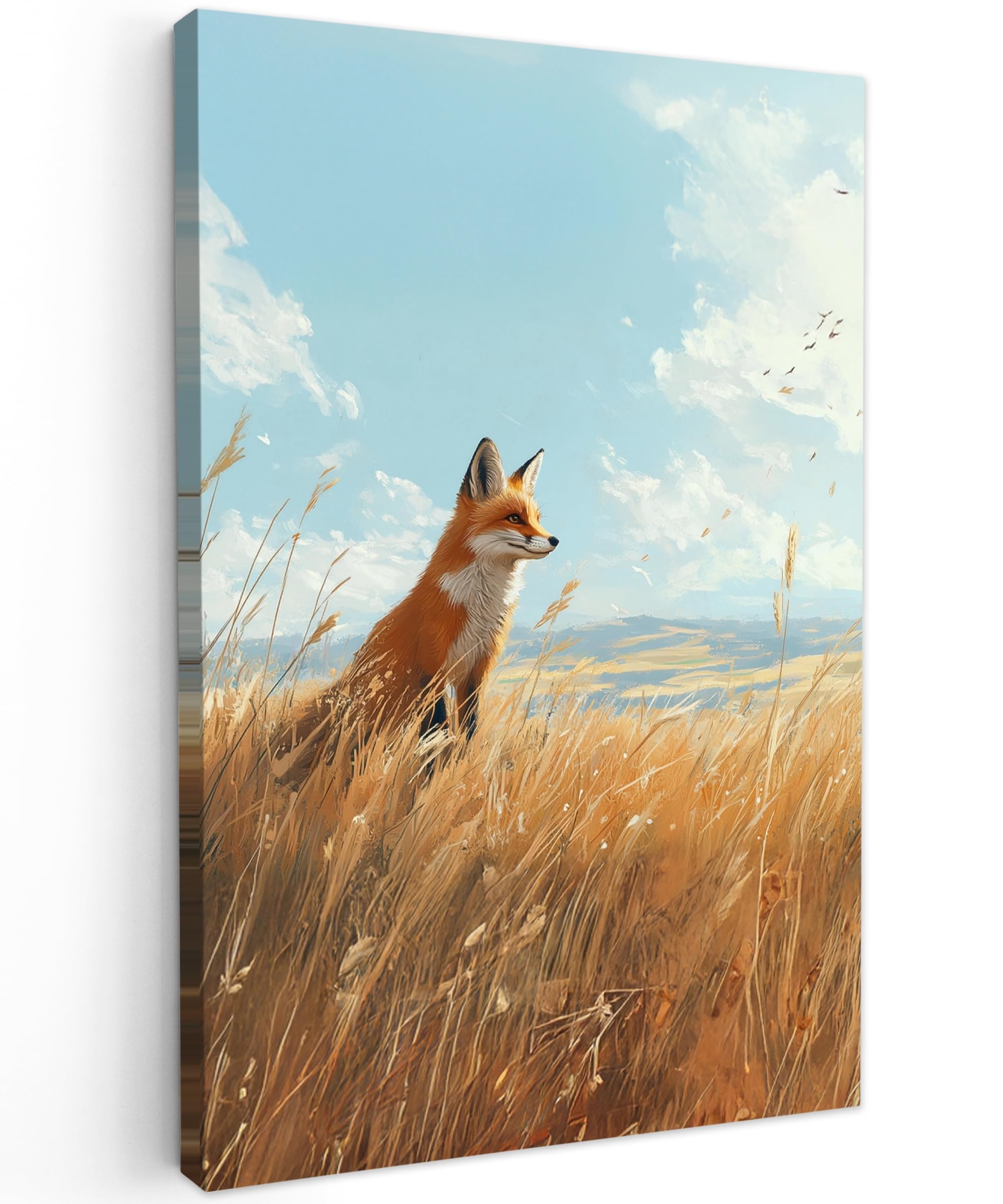 MuchoWow© Canvas Wall Art Work 31"x47" / 80x120 cm House Decoration for Living Room Home Decor Pictures Walls Fox - Grass - Clouds - Orange