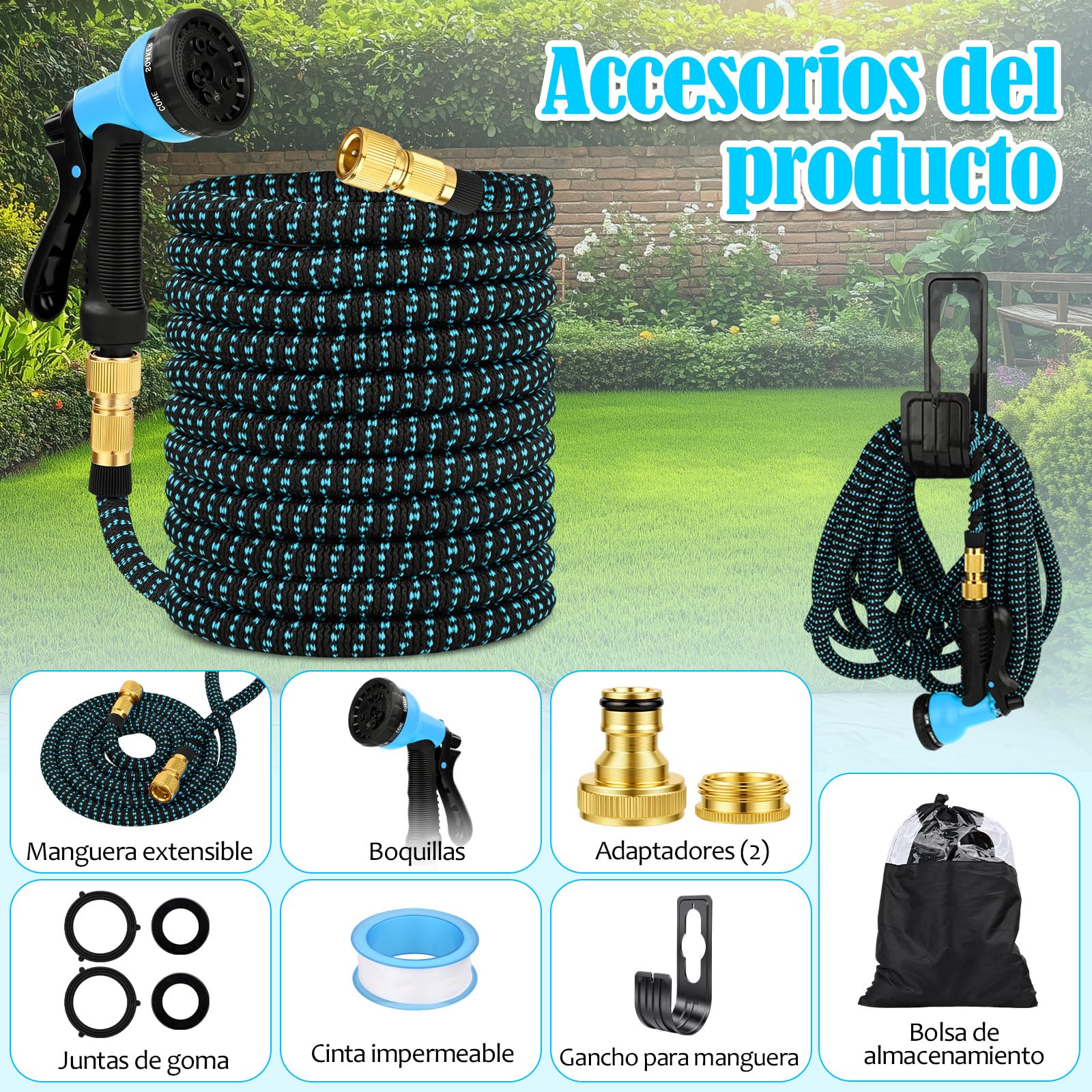 Manguera Extensible 30M/100FT, Manguera de Jardín Extensible Pistola de Riego con 8 Funciones Pistola Hose Con 3/4" y 1/2" Accesorios de aleación de zinc. el Riego de Plantas Hortícolas (Azul)