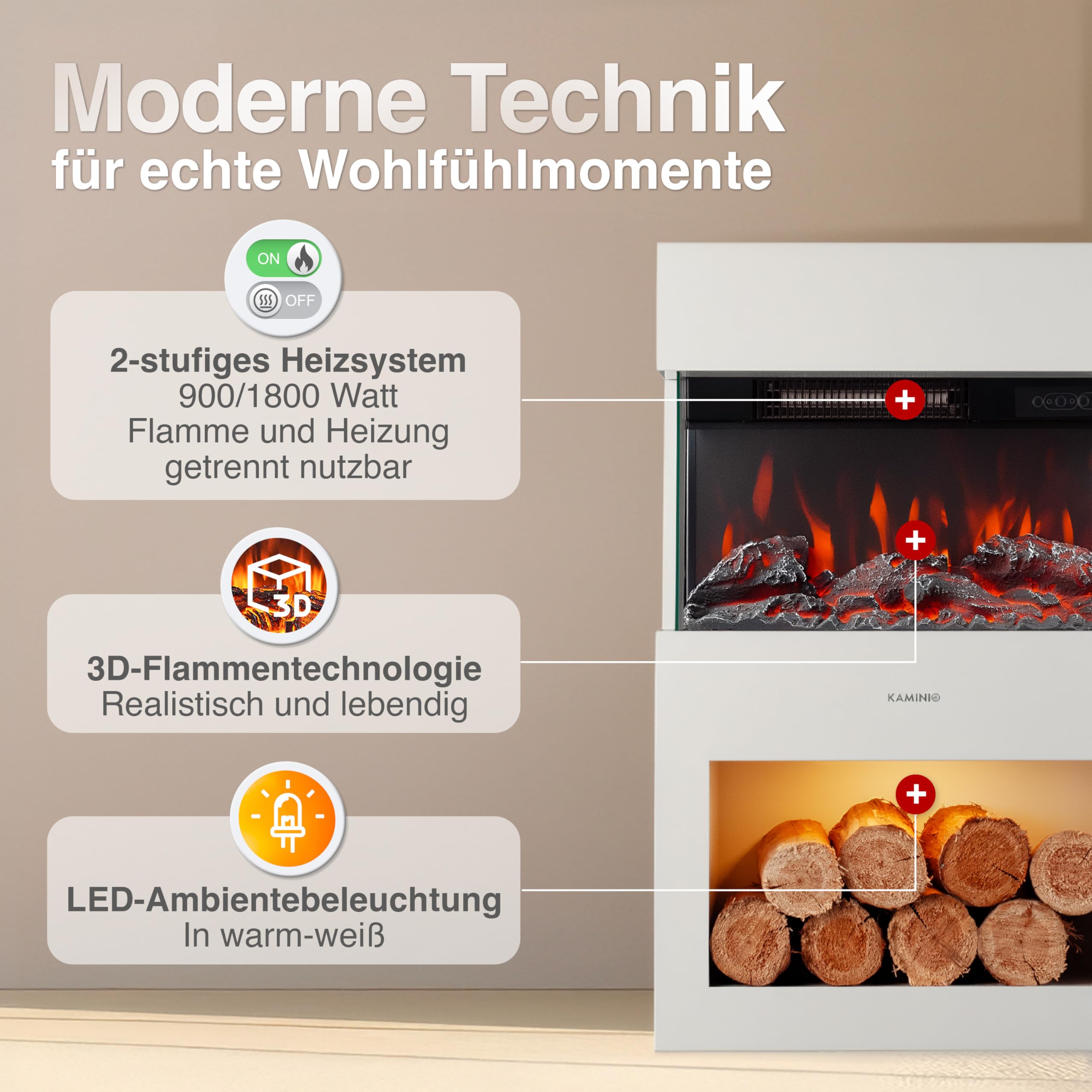 KAMINIO Elektrokamin Henri - Elektrischer Kaminofen mit Heizung, 3D-Flammeneffekt, Holzfach, LED-Ambientelicht, Fernbedienung (Weiß)