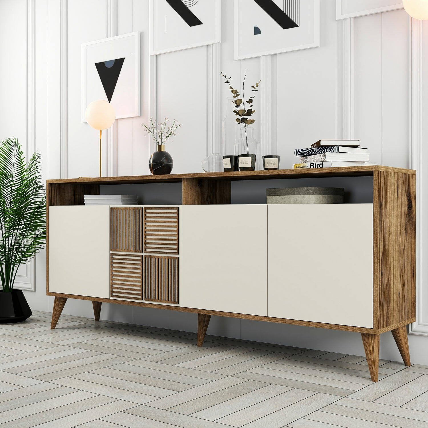Dmora Credenza Rotanev 180x35x79h cm Marrone Noce 2 Ripiani 4 Ante, Madia 6 Vani