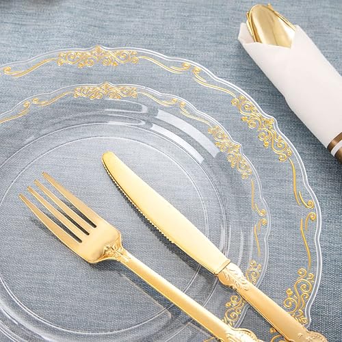 Miniatura 8 de U-QE 175 platos de plástico dorado y servilletas preenrolladas con cubiertos de plástico dorado para 25 invitados, 25 platos de cena, 25 platos de