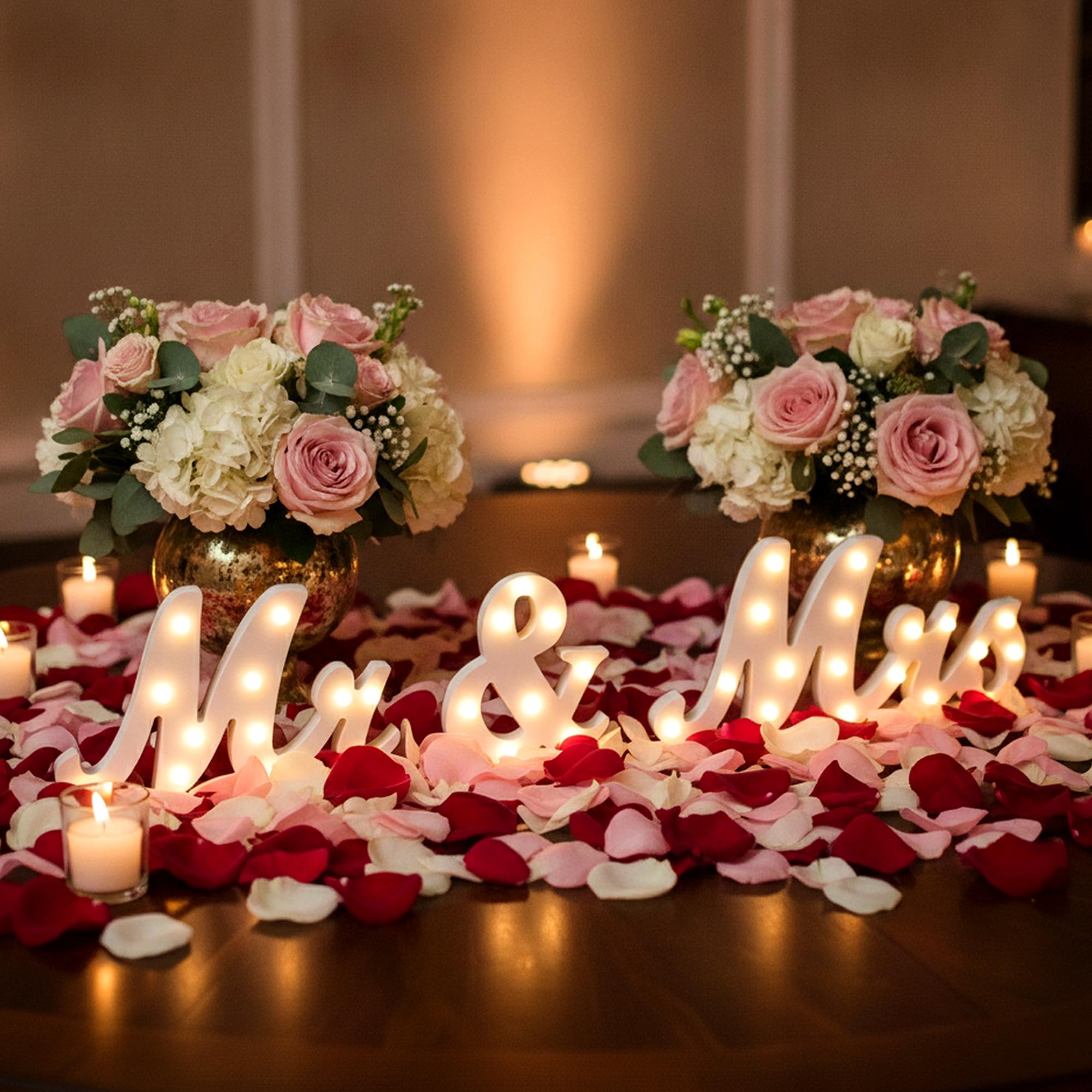 JUSTOTRY LED-Leuchtbuchstaben "Mr & Mrs", 78,9 cm, glänzend, freistehend, für Hochzeit, Jahrestag, Feier, Verlobung, Bankett, Hochzeit, Tischdekoration, Warmweiß, 3 Stück