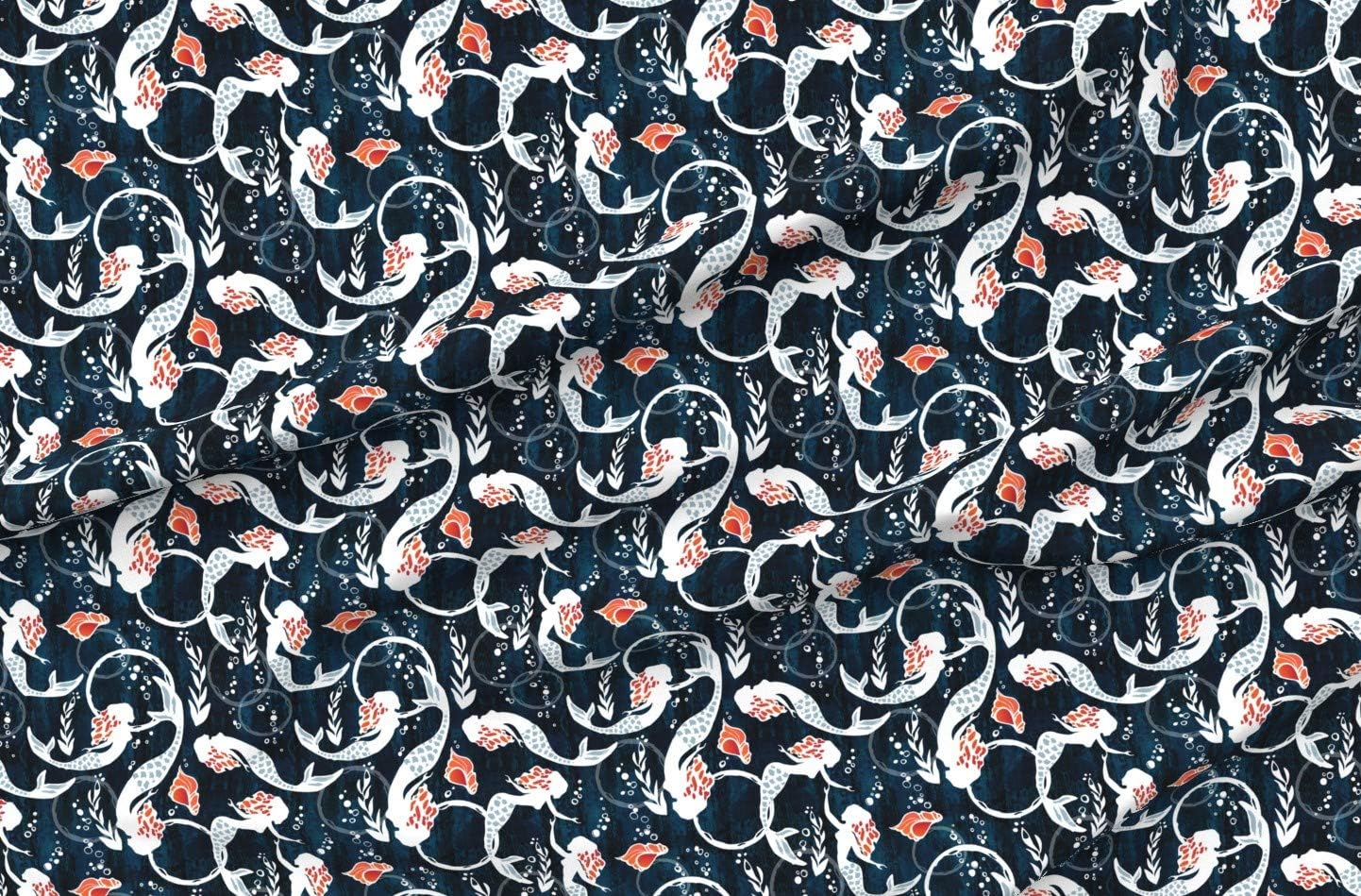 Spoonflower Fabric - Watercolor Mermaids Whimsical Fantasy Creatures Vintage Sea Navy Coral Printed on Organic Cotton Sateen Fabric by The Yard - Sewing Quilting Apparel Home Decor