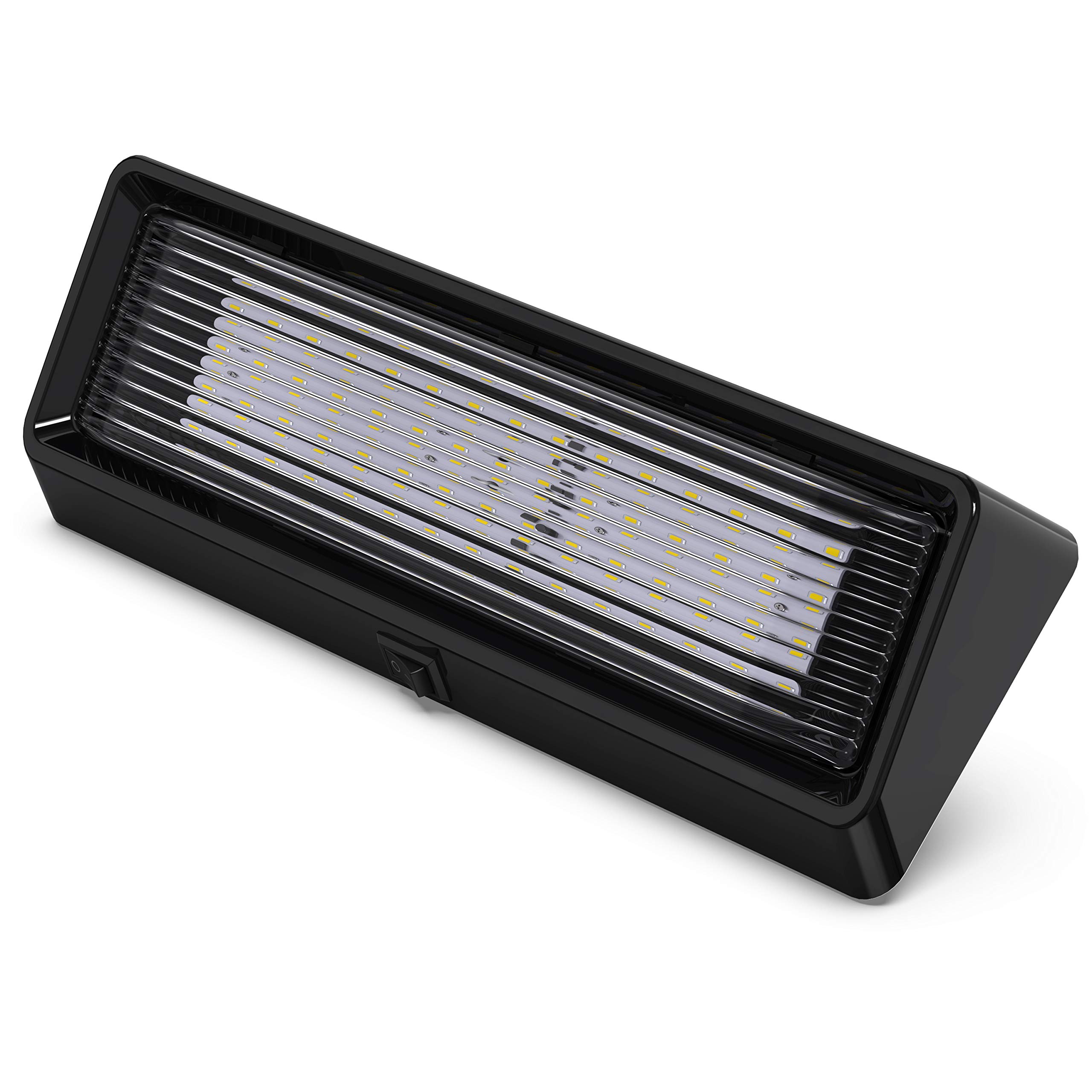 Luz de utilidad para porche exterior RV con interruptor XL 12 V 650 lúmenes. Iluminación de repuesto para caravanas, remolques, campistas, 5ª rueda XXXX base transparente (negro, paquete