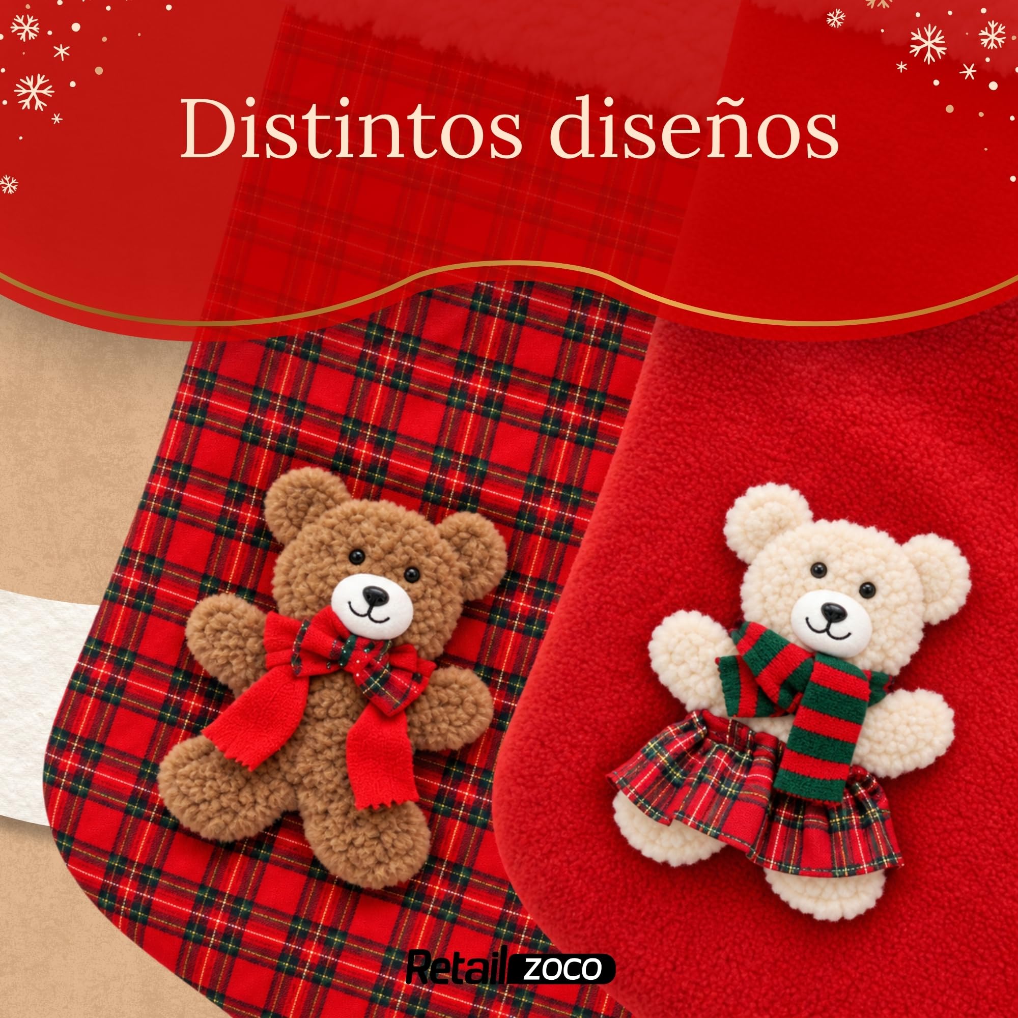 Calcetines Navidad, Calcetines Chimenea Papa Noel, Diseño Osos, 2 Unidades - imagen 6