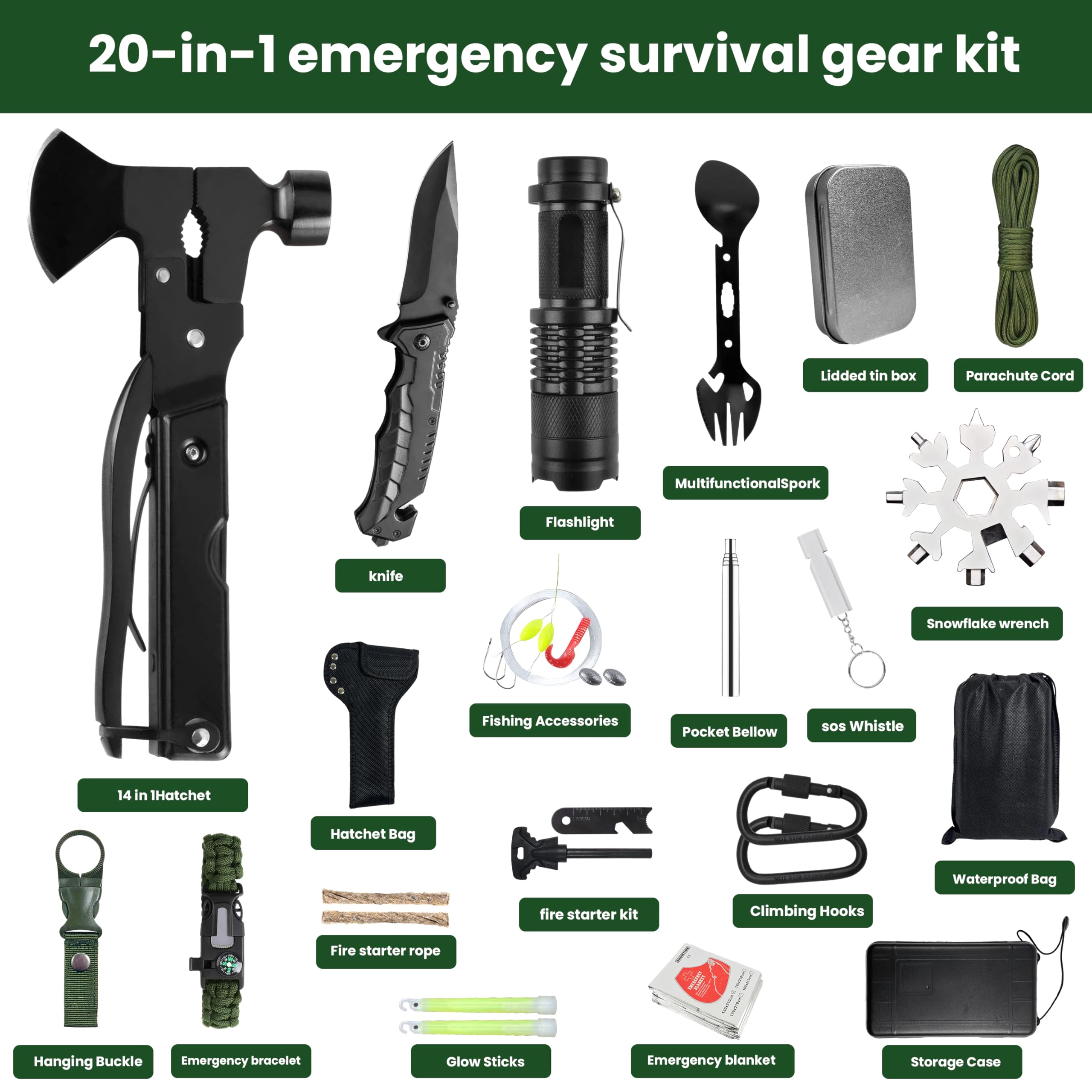 Survival Kit 20 in 1, Outdoor Ausrüstung, Survival Kit Militär Hochwertig Mit Klappmesser, Outdoor Camping, Überlebensausrüstung, Überlebensausrüstung für Camping,Bushcraft,Wandern,Jagde,Abenteuer