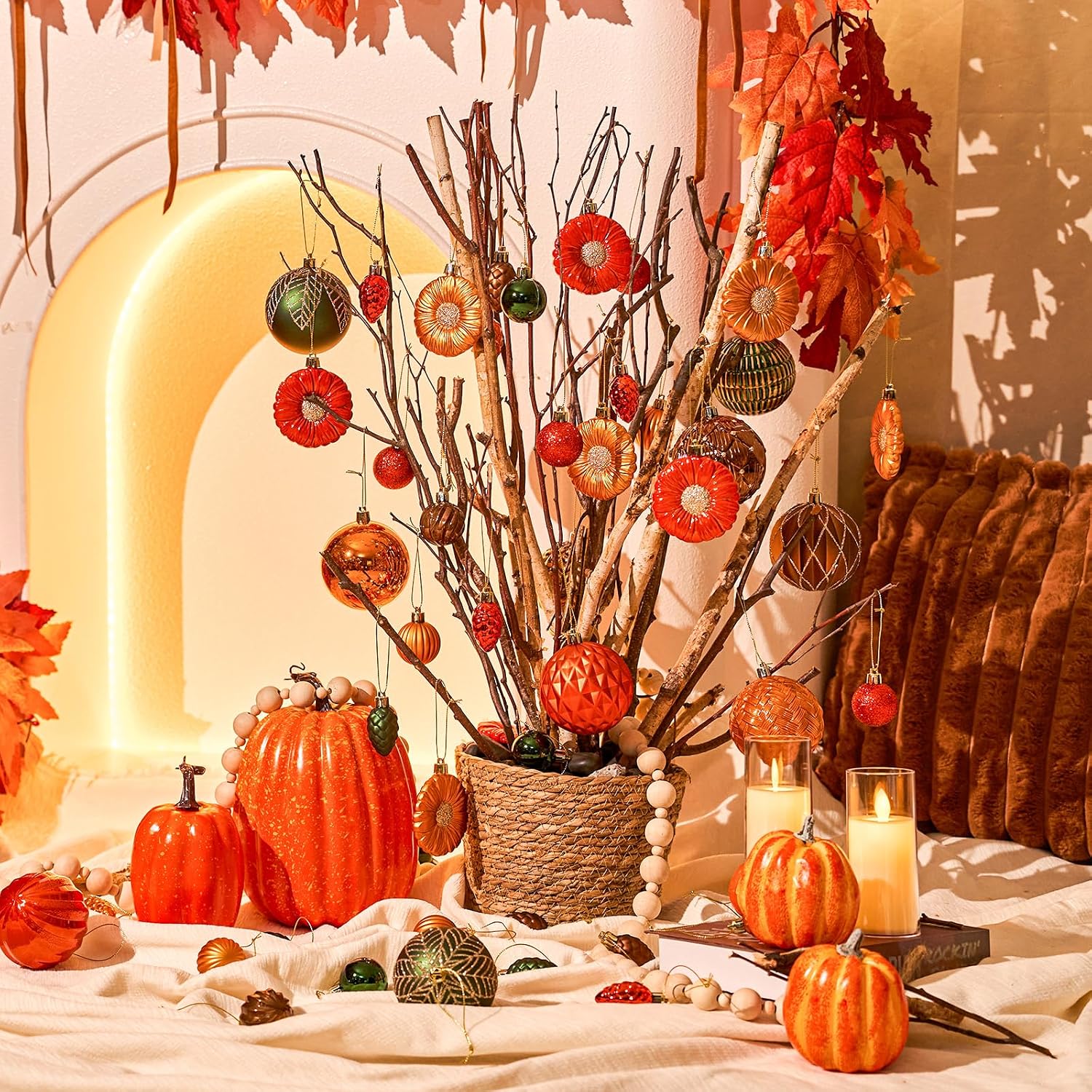 JORNOY Fall Ornaments for Tree, Shatterproof Plastic Harvest Decorations with Hanging String, Rustic Balls Baubles Bulk for Thanksgiving Home Decor, 52 Pack, Orange