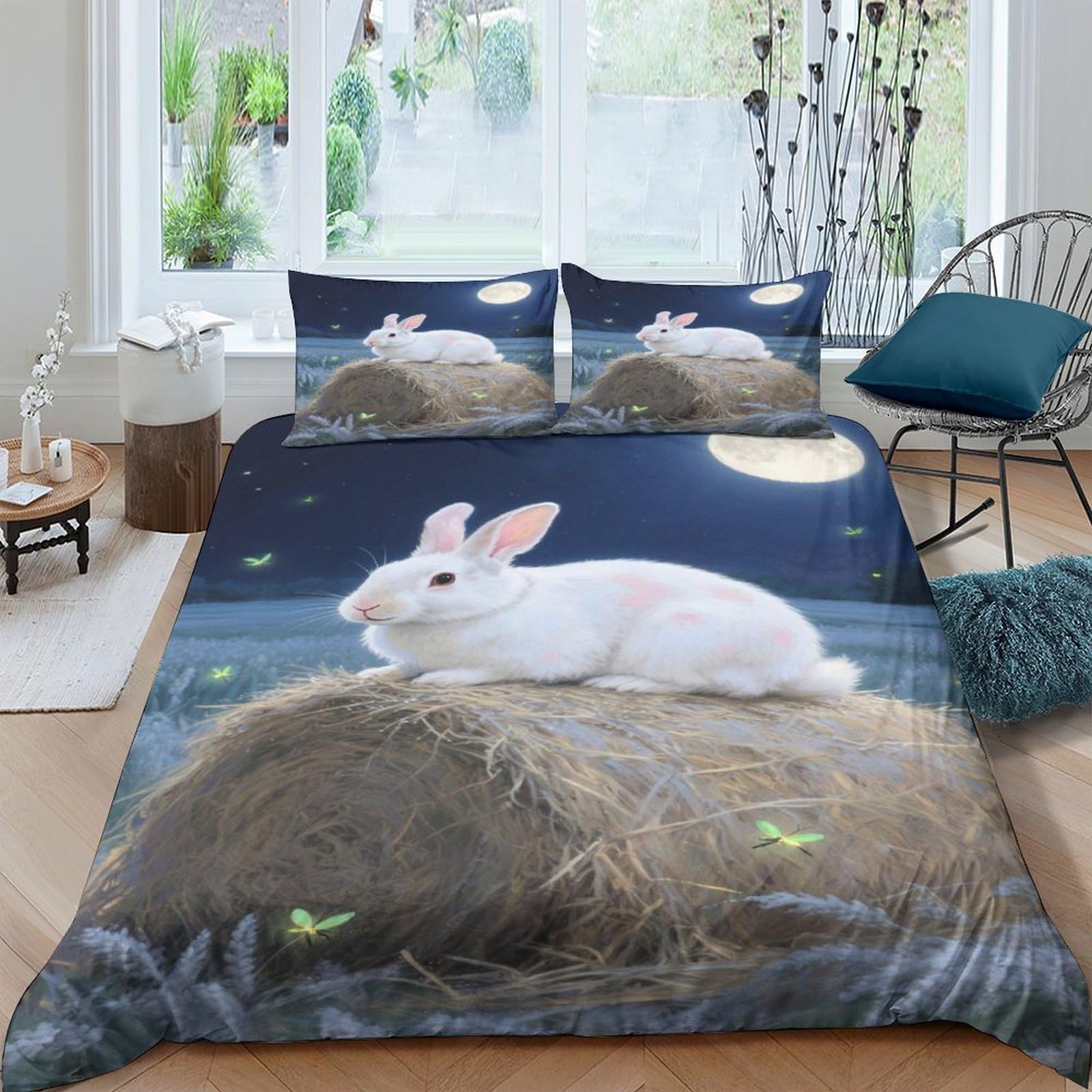 Ctjqhvkz Style-5 3D Printed White Rabbit Moonlight Fitted Sheet Microfiber Soft Breathable Night Forest Mattress Cover Bedroom Decor Single（135X200cm）