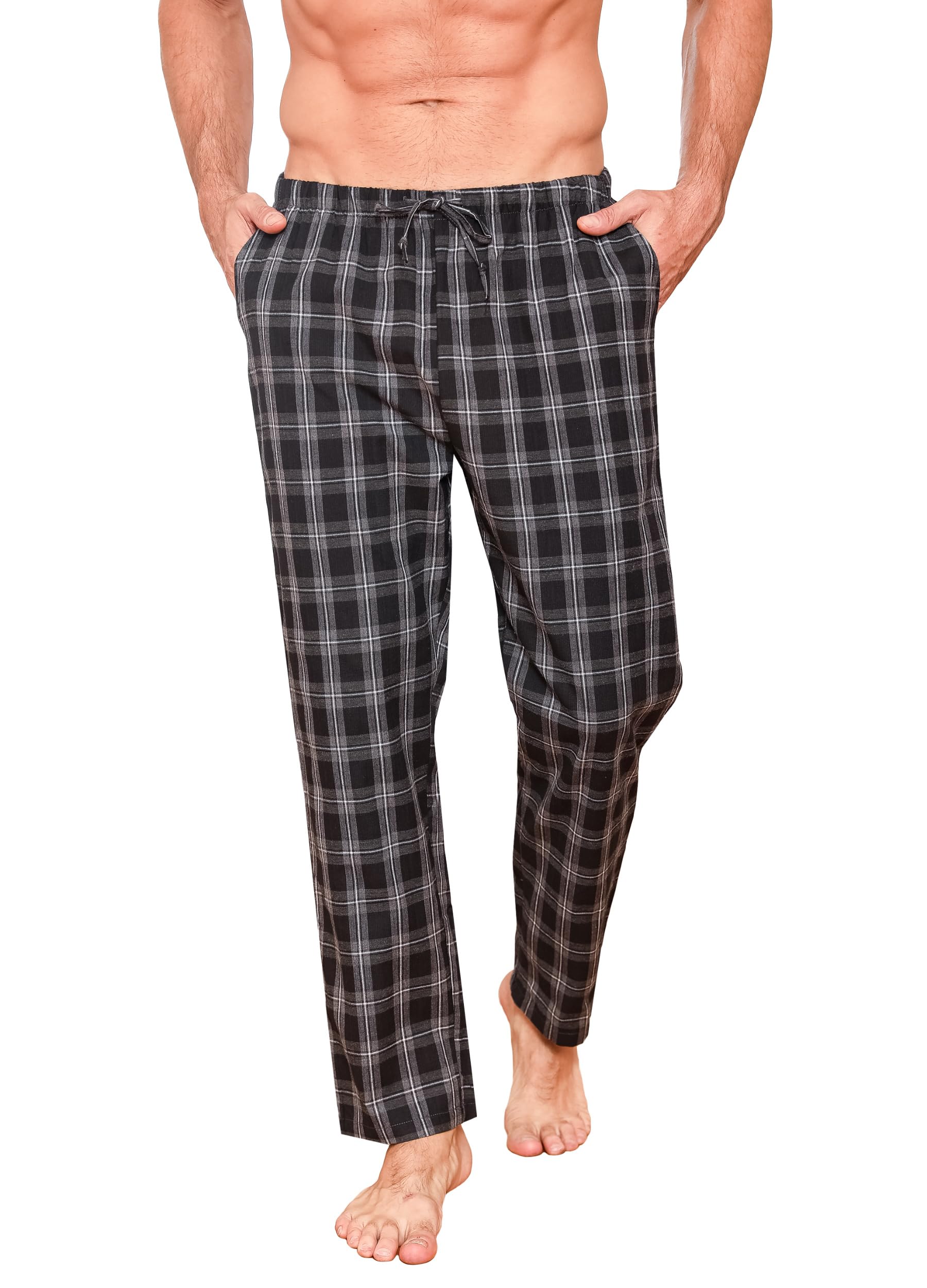 Herren Schlafanzughose Lang Baumwolle Karierte Pyjamahose Lounge Hose Pyjamaunterteil Freizeithose mit Seitentaschen für Männer, Gerade Geschnitten
