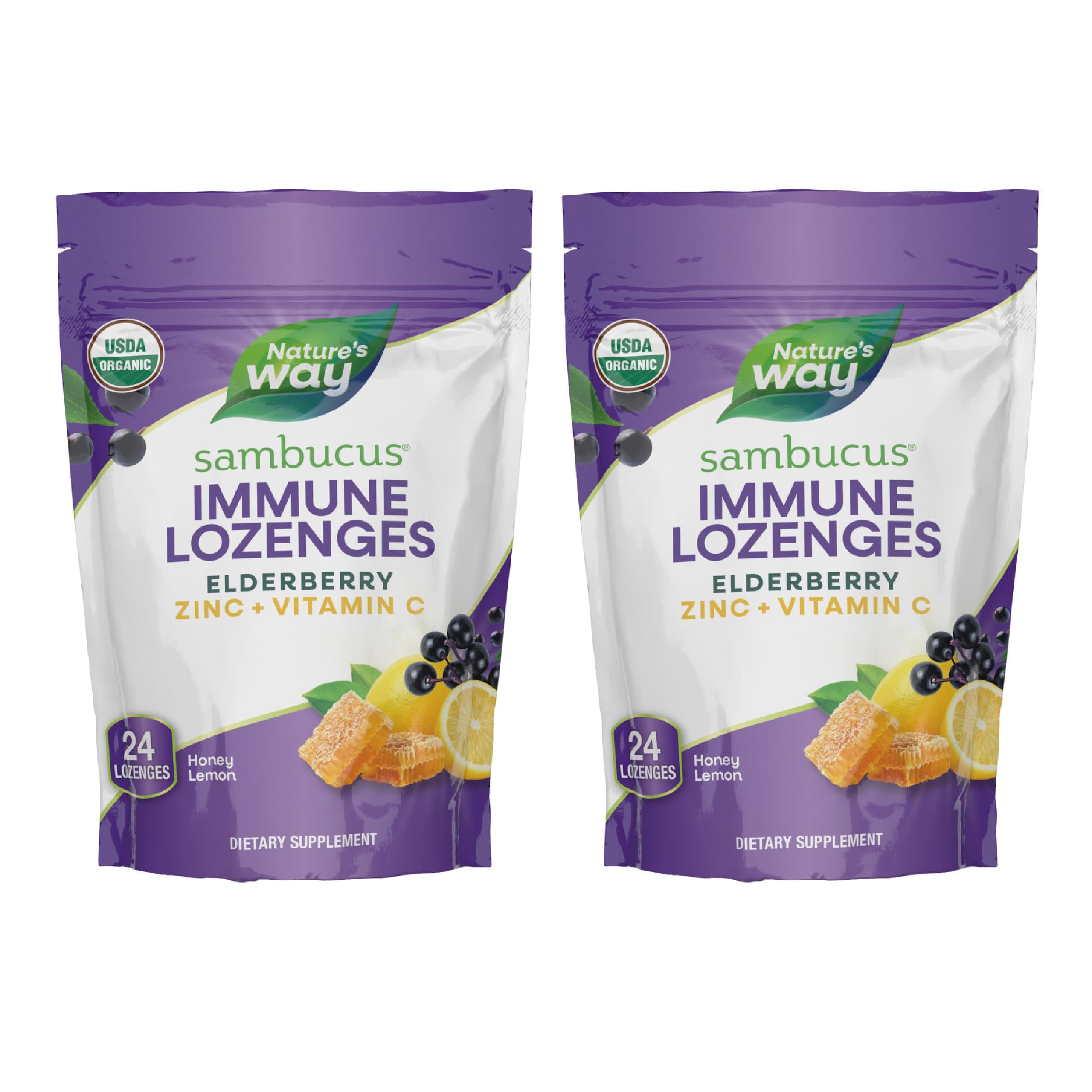 Nature's Way Sambucus Immune Lozenges, Zinc, Vitamin C, Elderberry, Immune Support*, USDA Organic, Honey Lemon Flavor, 24 Lozenges (Packaging May Vary) - 2 Pack
