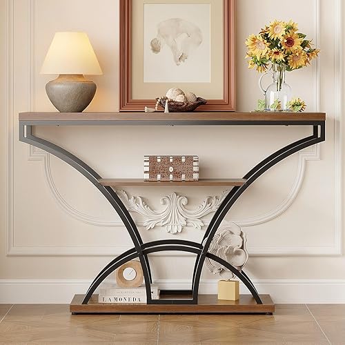 Miniatura 6 de Mesa consola de 47.2 pulgadas para entrada, mesa de sofá estrecha de 3 niveles con marco curvo, mesa decorativa de madera rústica industrial con