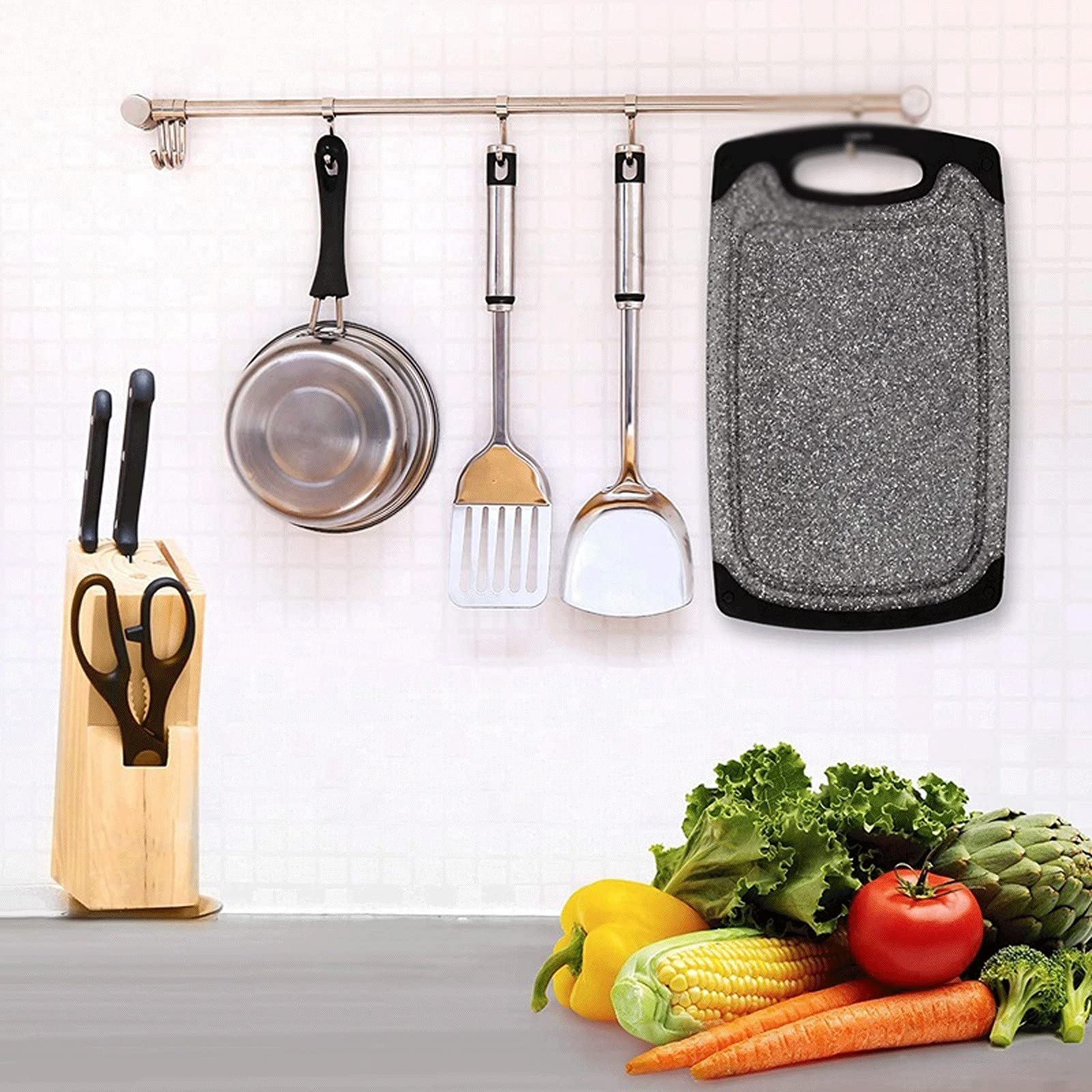 Juego de 3 tablas de cortar reversibles, tabla de cortar de plástico para cocina, diseño antideslizante con mango de fácil agarre, sin BPA