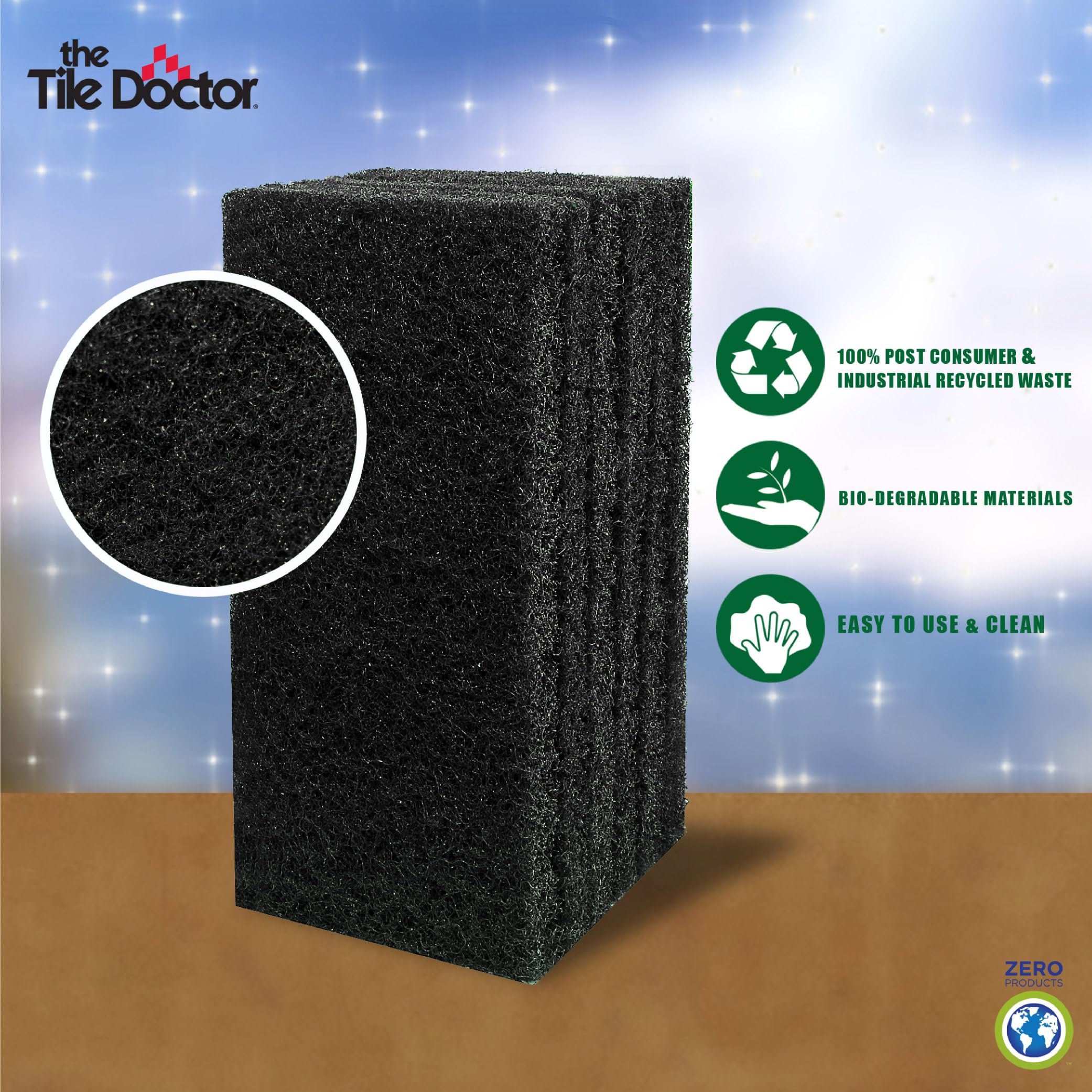 Scrub Doctor - Paquete de 6 almohadillas negras grandes y soporte para almohadillas exfoliantes Scrub-HLD-L-BLK-6, almohadillas de limpieza de máxima abrasión para ollas de hierro fundido, parrillas