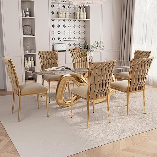 Miniatura 12 de Juego de 6 sillas de comedor de terciopelo, modernas sillas de cocina tejidas con patas de metal plateado, cojín tapizado con respaldo alto, Patas