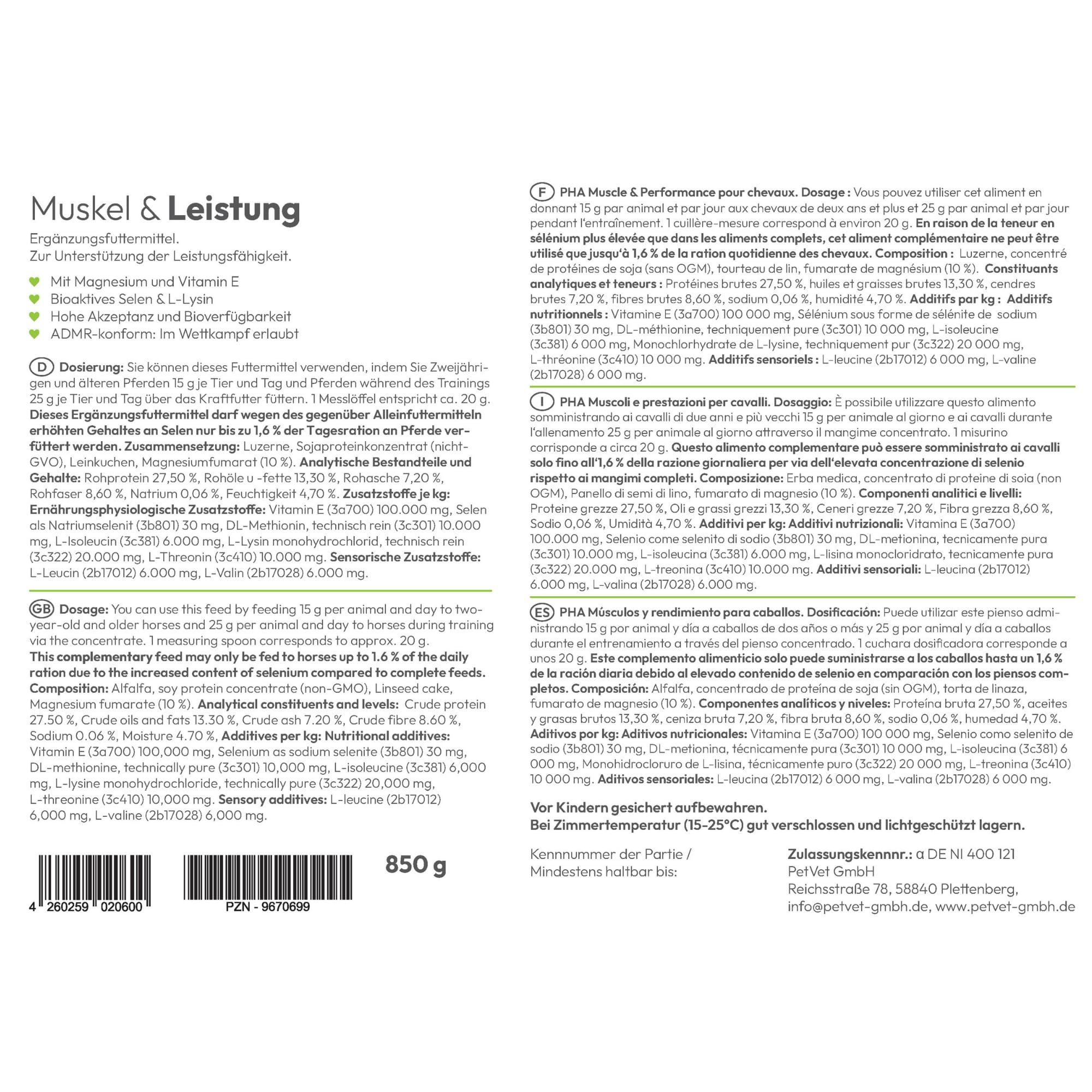 PHA Muskel & Leistung für Pferde – Mineralstoffe und Vitamine für Muskelaufbau & Leistungsfähigkeit, mit Vitamin E, Magnesium Pferd & Selen Pferd, Pulver 850 g, ohne Zucker