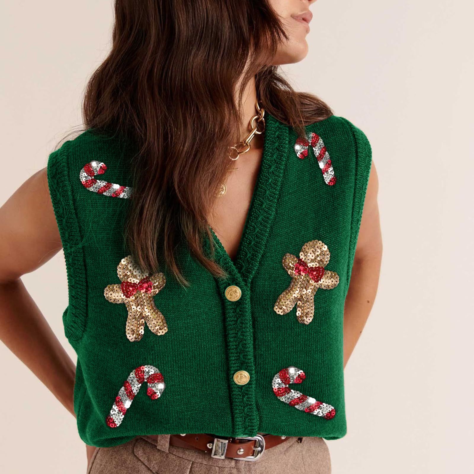 Pull de Noël moche pour femme - Imprimé Père Noël à paillettes - Sans manches - Bouton sur le devant - Cardigan en tricot