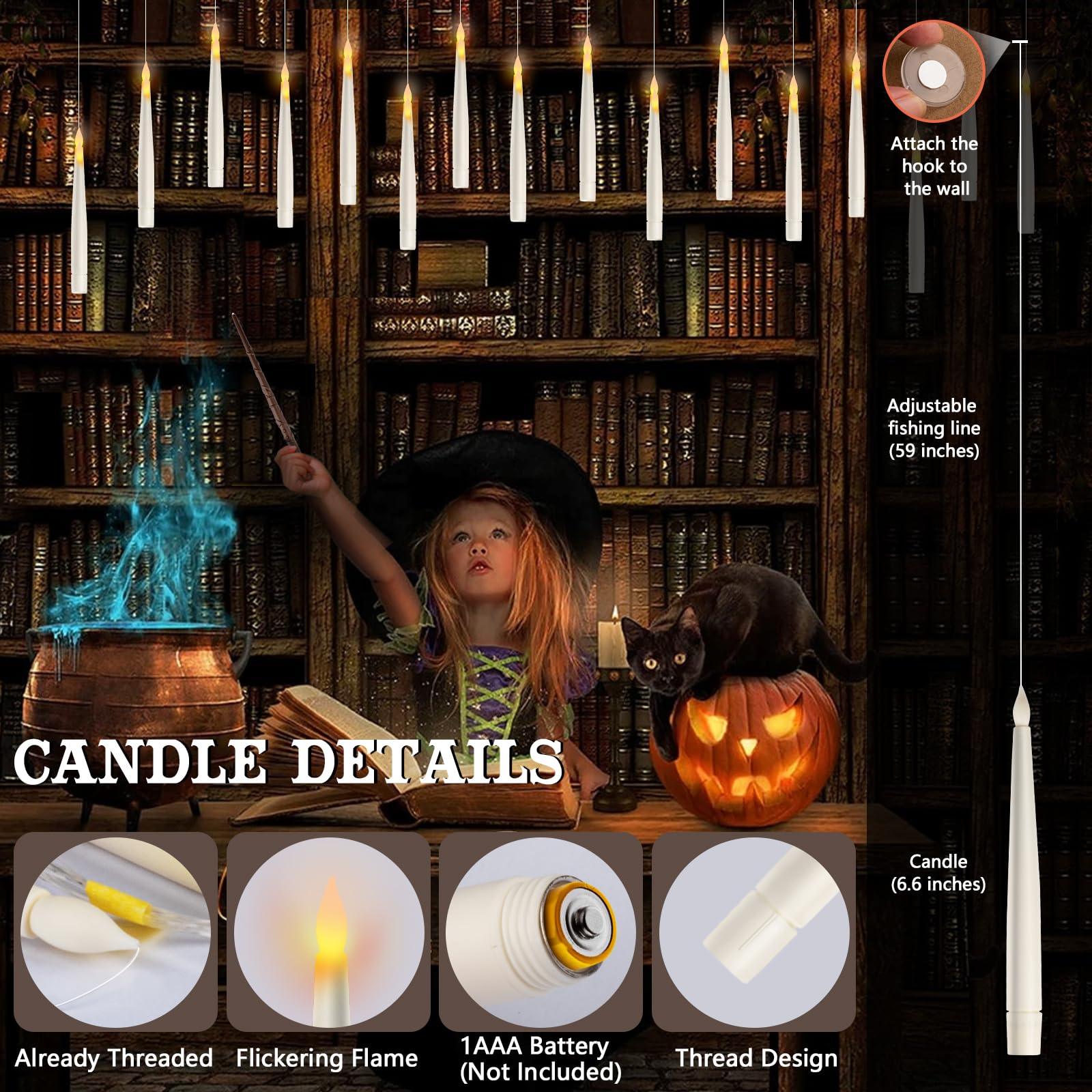 Velas flotantes con control remoto de varita, 20 velas mágicas colgantes de Halloween, velas parpadeantes sin llama con calcomanía de bricolaje, decoraciones de Halloween, regalos para interiores y