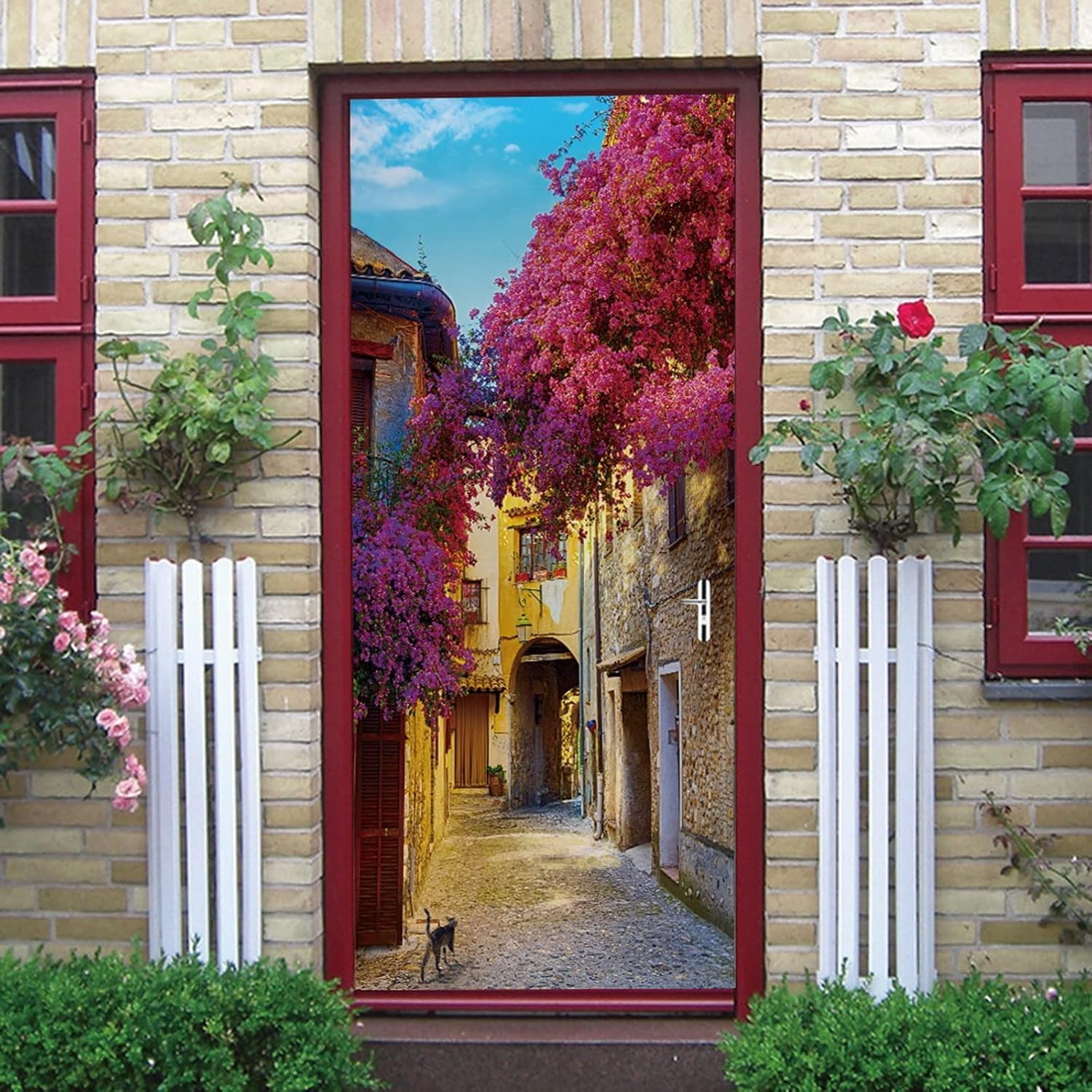 A.Monamour 3D Door Stickers for Interior Doors Narrow Street with Flowers Traditional Houses in Old Town of Provence Vinyl Removable Self Adhesive Door Poster Wallpaper Mural Decals 85x200cm