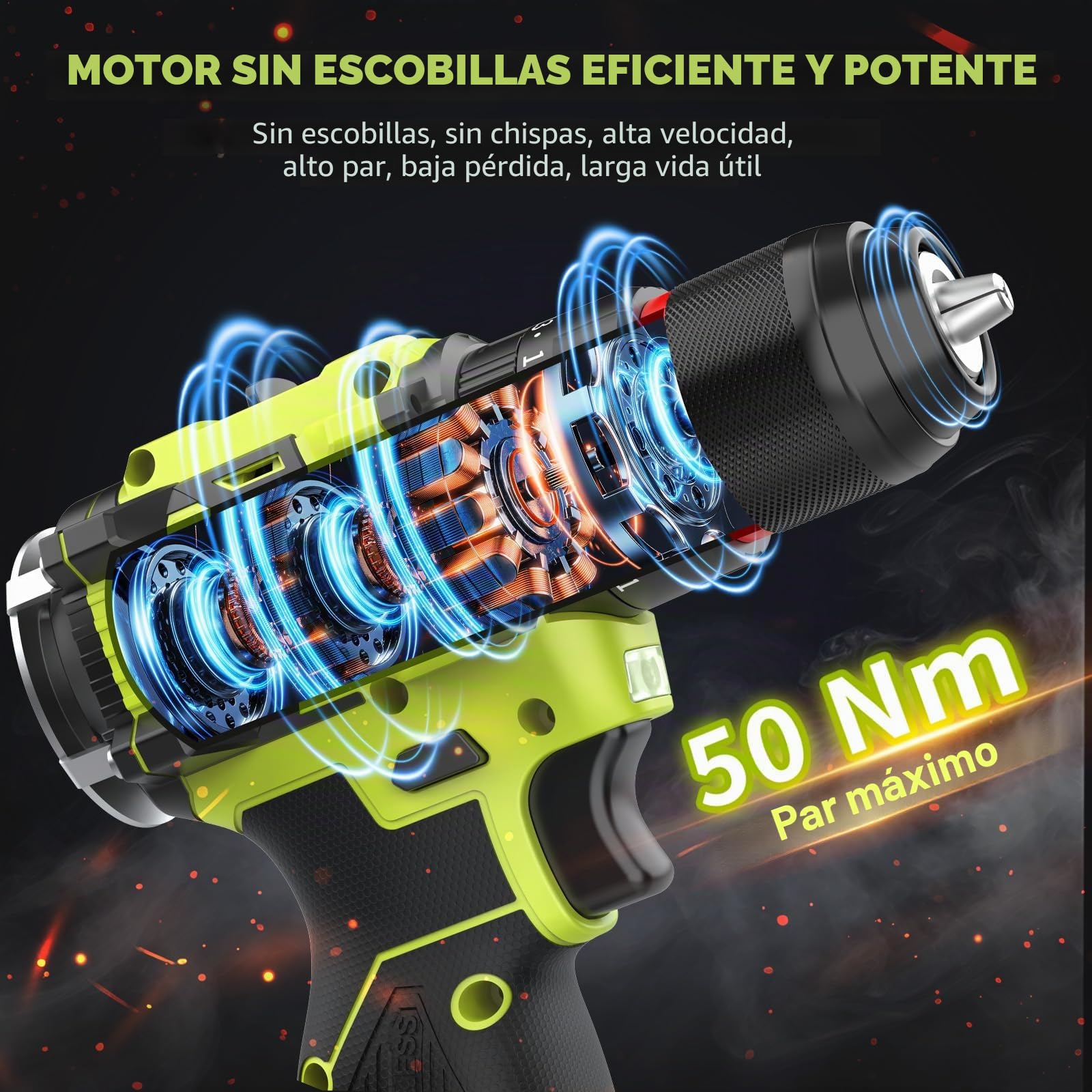 VOERJIA - Taladro atornillador inalámbrico sin escobillas 16,8 V, destornillador desatornillador con 2 x 2000 mAh, 50 Nm Max Taladro percusión, 20+3 pares, 2 velocidades, LED, portabrocas de 10 mm, 34