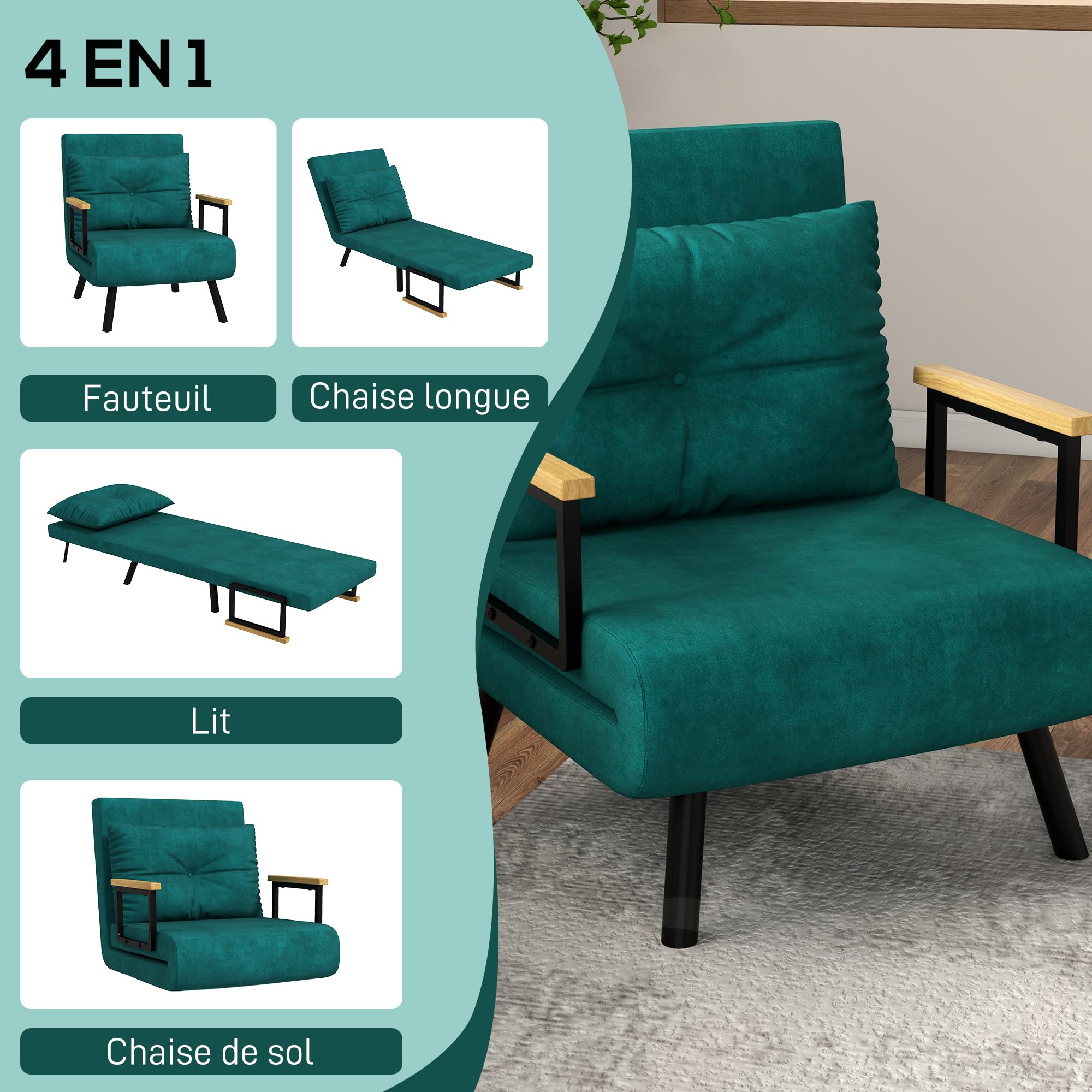 HOMCOM fauteuil convertible 1 place, fauteuil-lit chauffeuse 3 en 1 avec dossier réglable 5 positions, oreiller, siège rembourré, tissu aspect velours, canapé-lit pour invités, salon, bureau, vert