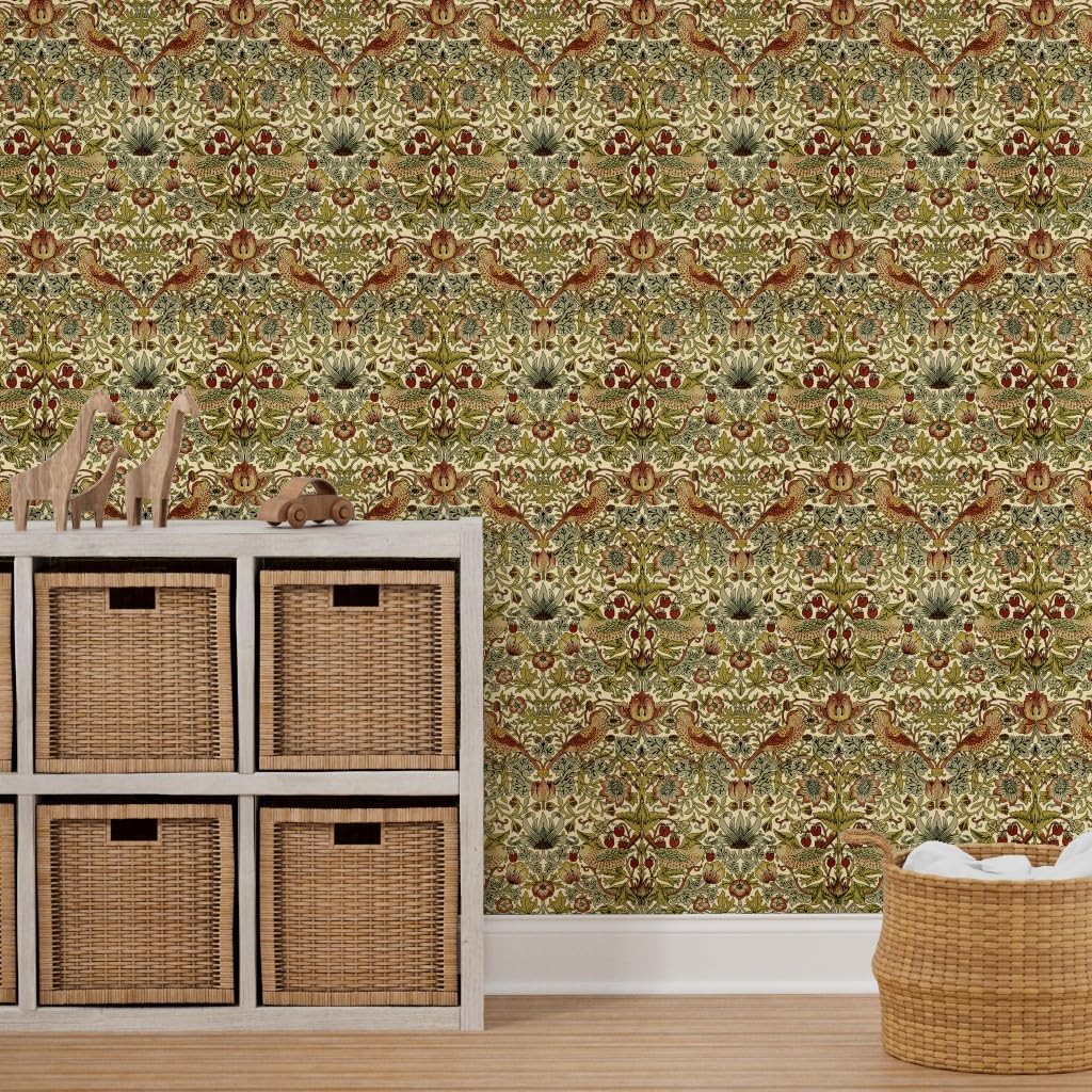 Removable Wallpaper 12ft x 2ft - Strawberry Cream Yellow Antique Victorian Inspired Birds Custom Pre-Pasted Wallpaper by Spoonflower