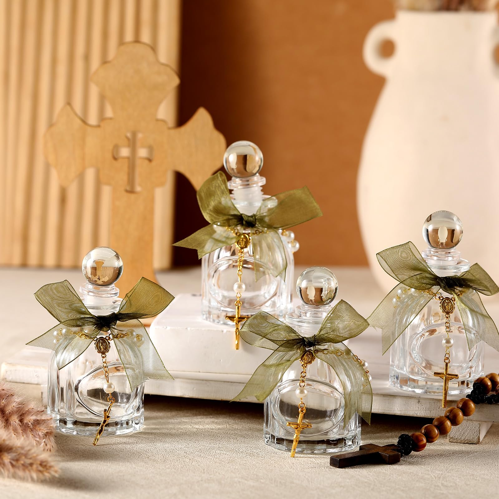 Chuangdi Heilige katholische Wasserflaschen, große Taufgeschenke für Gäste, katholische, christliche Glasflaschen, Goldkreuz-Armband, Organza-Beutel, Band für Kirche, Hochzeit, Taufe, Geschenk