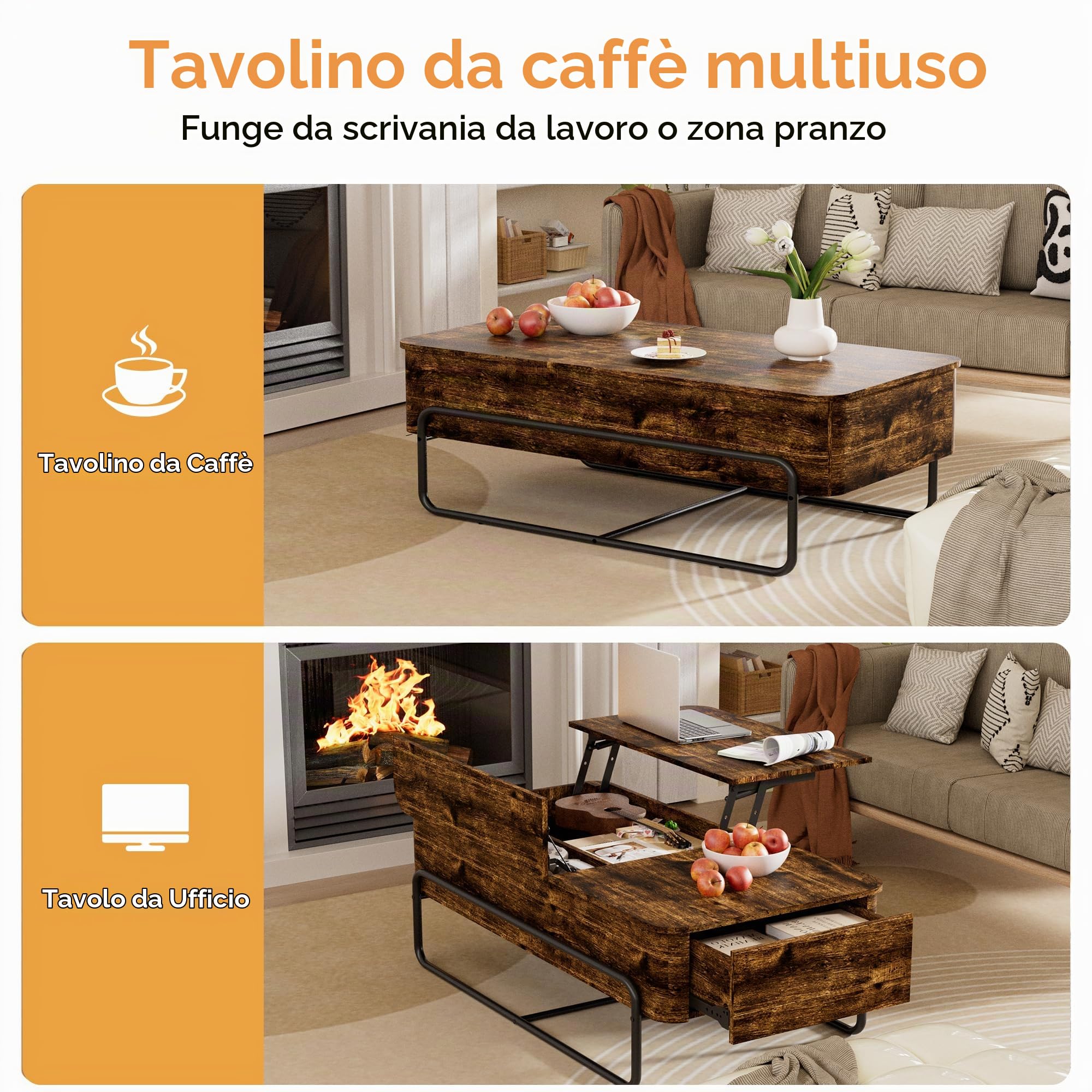 Tavolino da Salotto con Piano Sollevabile – Tavolino da Caffè Industriale con 3 Scomparti, Cassetto Estraibile, Contenitore Nascosto, ideale per Soggiorno, Piccoli Spazi e Home Office