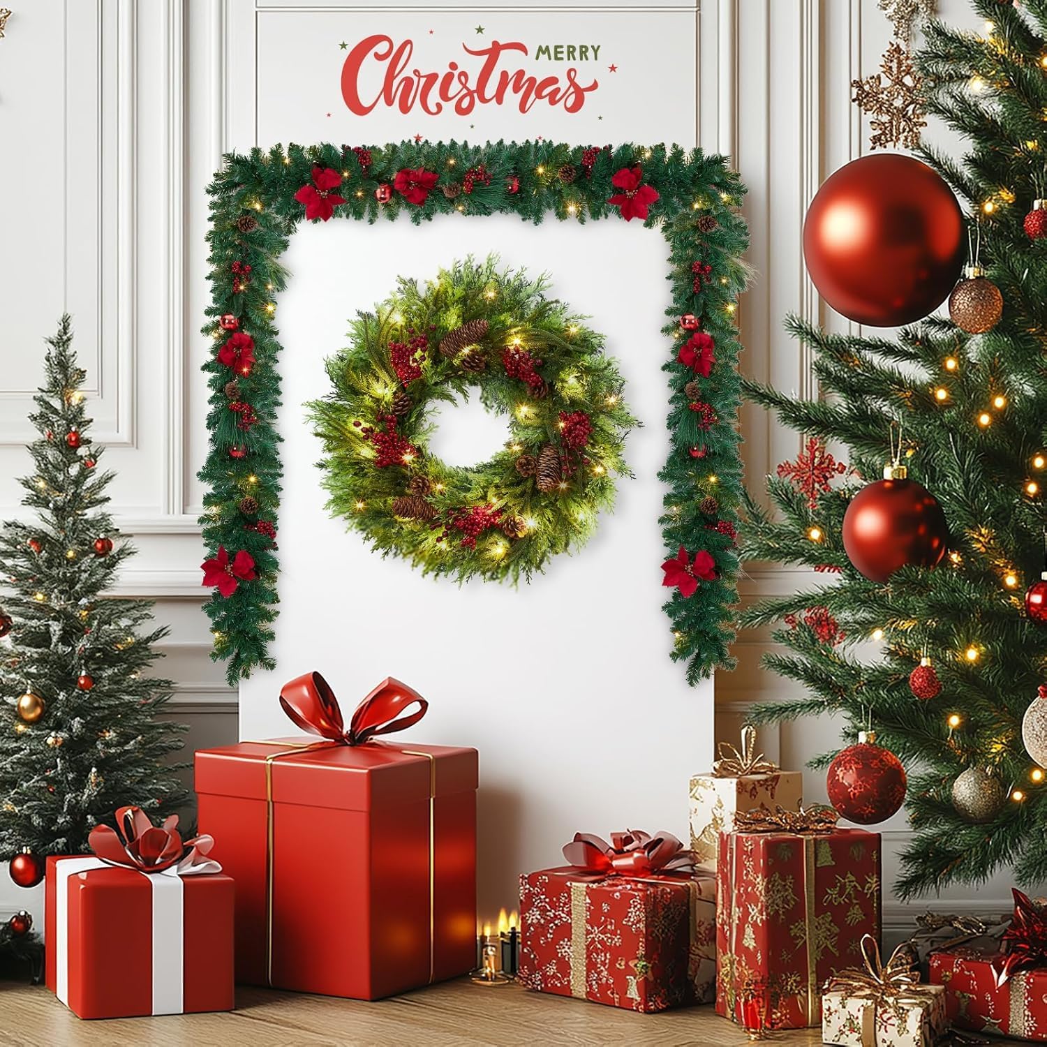 22 inch Lighted Christmas Wreath, Pre-Lit Xmas Wreath with Red Berries, Christmas Decorations, Christmas Wreath for Front Door, Windows, Wall, Mantel Decoration