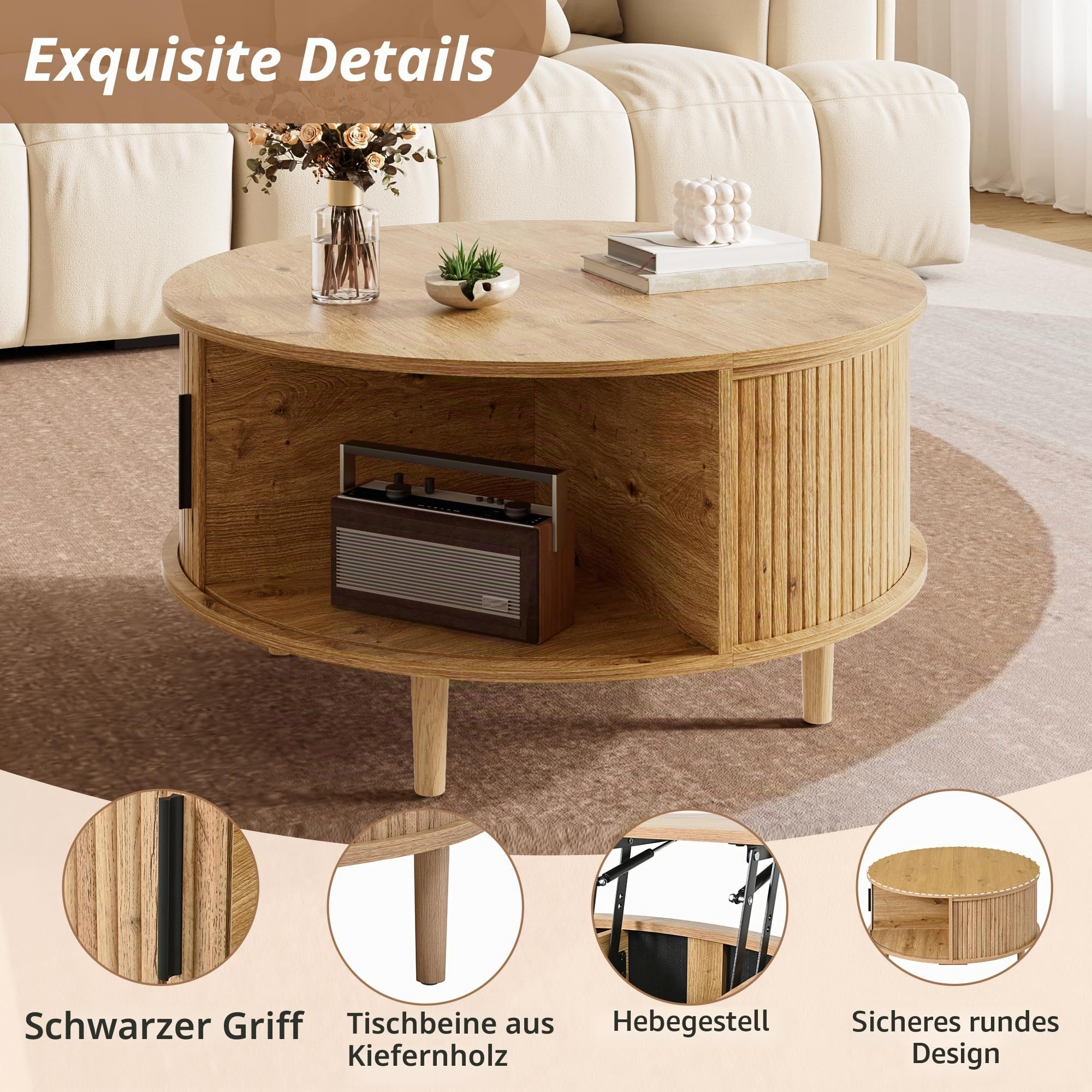 HAINEW Runder Couchtisch Wohnzimmertisch mit Höhenverstellbarer Tischplatte und Schiebetür, Sofatisch Beistelltisch Kaffeetisch mit Abgerundete Ecken, 80×80×59cm, HD26052604 (Eichenfarbe)