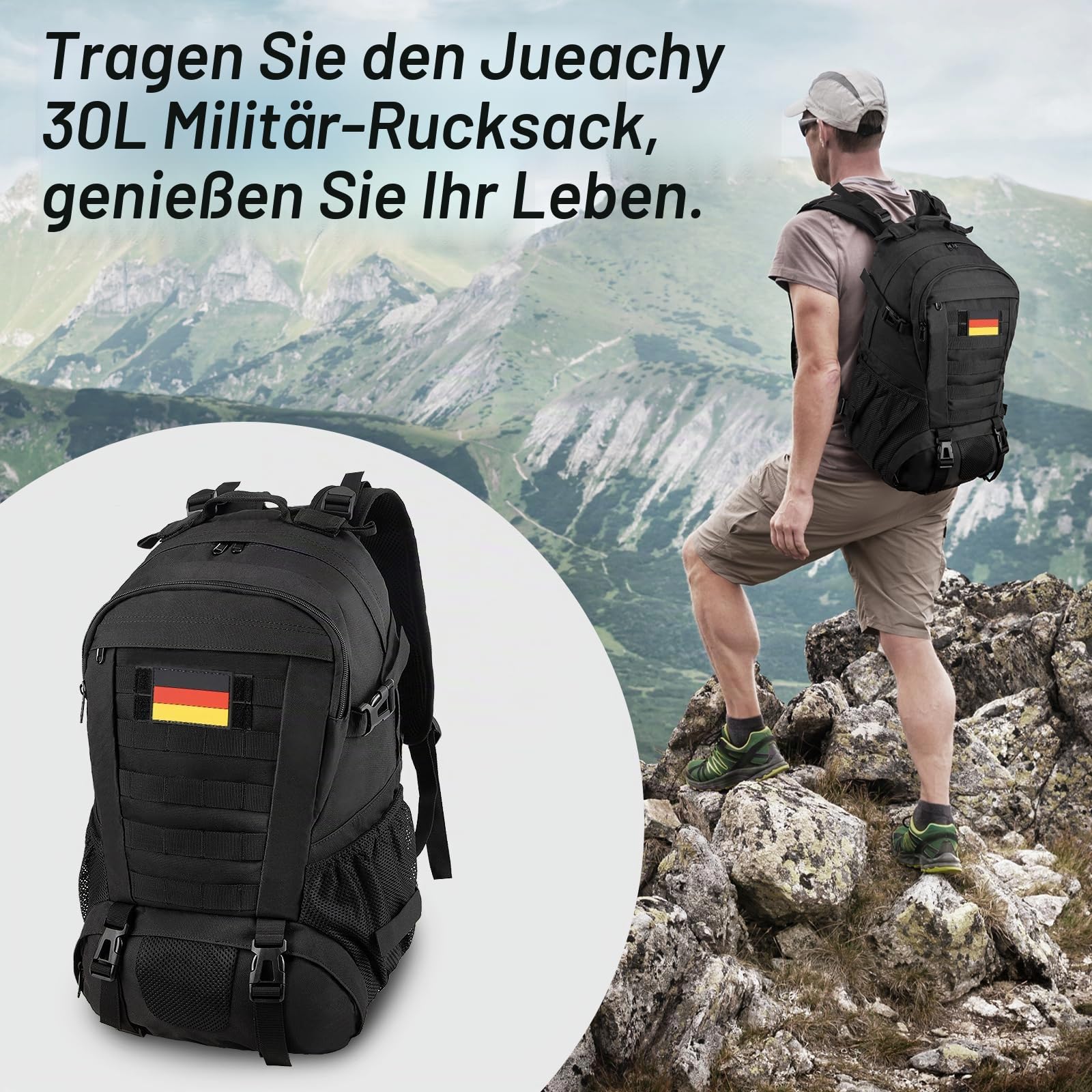 Jueachy Militär Rucksack Herren 30L Wasserdicht Molle Tactical Backpack Military Rucksack Große Kapazität Taktischer Rucksack Outdoor Wanderrucksack Trekkingrucksack für Assault Wandern Reisen Camping