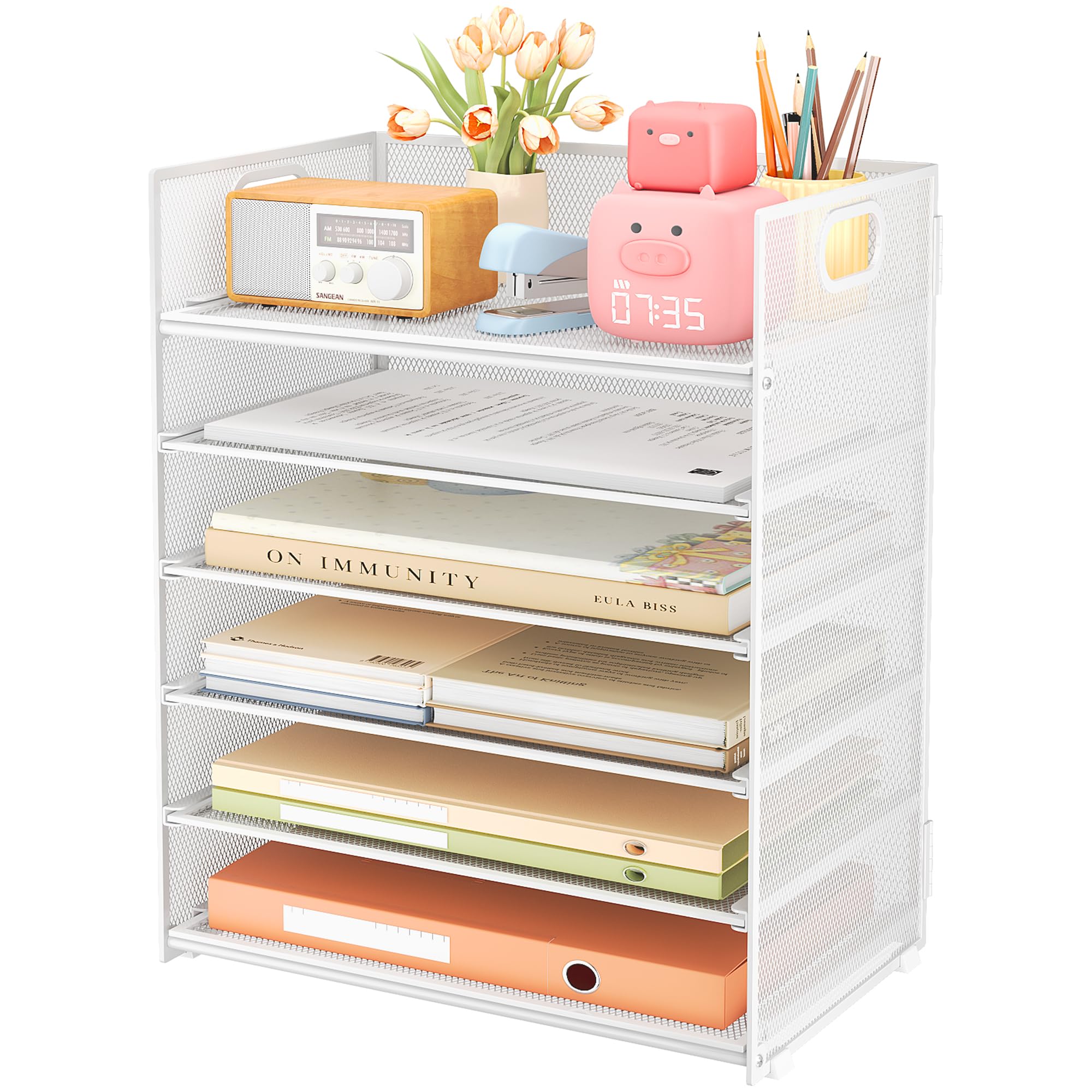 Subekyu 6 Tier Paper Organizer for Desk with Handle, Metal Mesh Desk Office File Folder Paper Letter Tray Accessories Organizer Sorter for Home, School, Office Desktop Document Organization - White