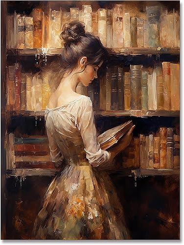 Huabsad Pintura al óleo de retrato vintage, arte de pared, biblioteca retro, niña, lectura de libros antiguos, pósteres de famosos lienzos antiguos